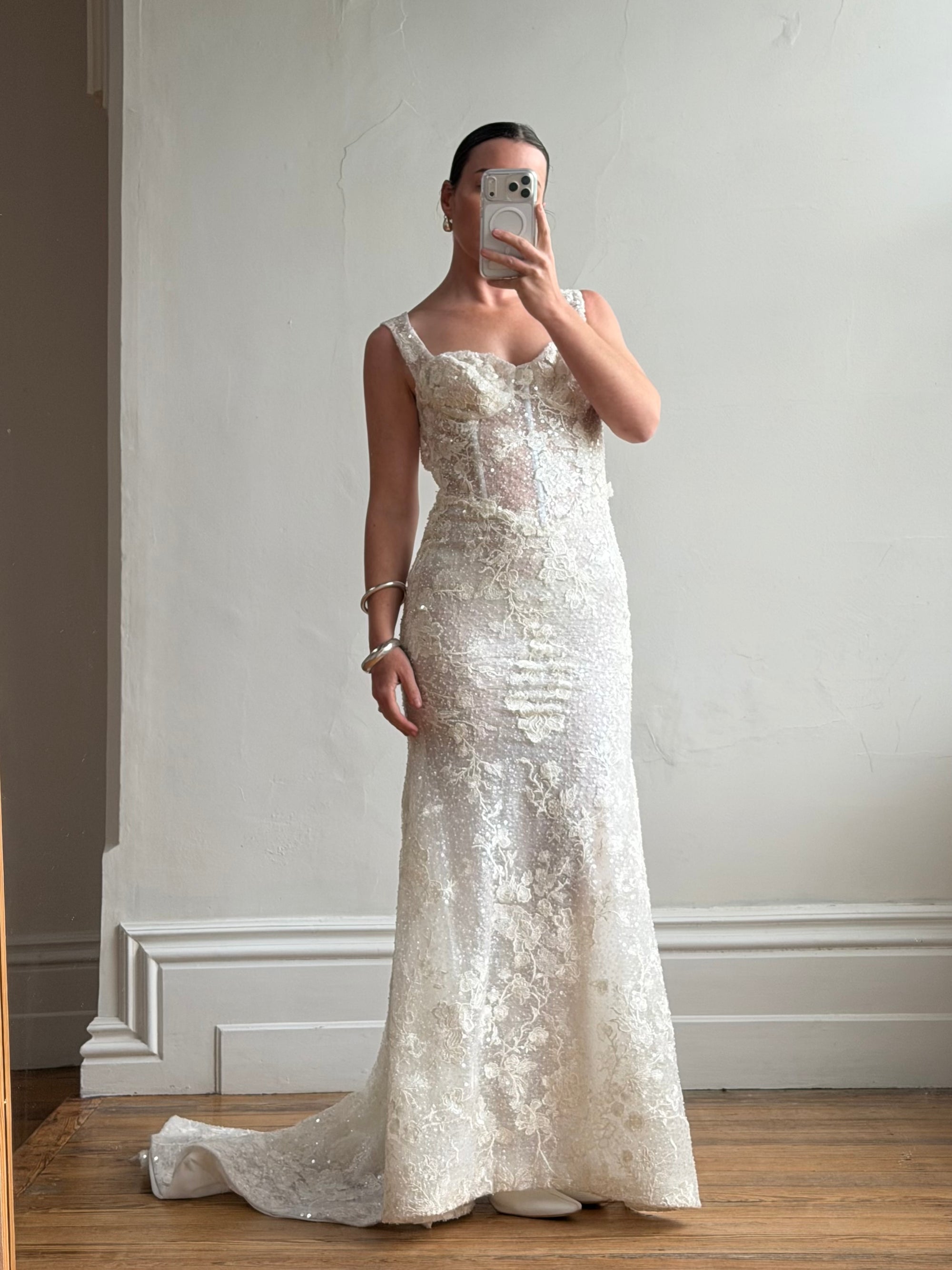 Vintage Y2K Italian Sheer Embroidered Naked Bustier Wedding Gown