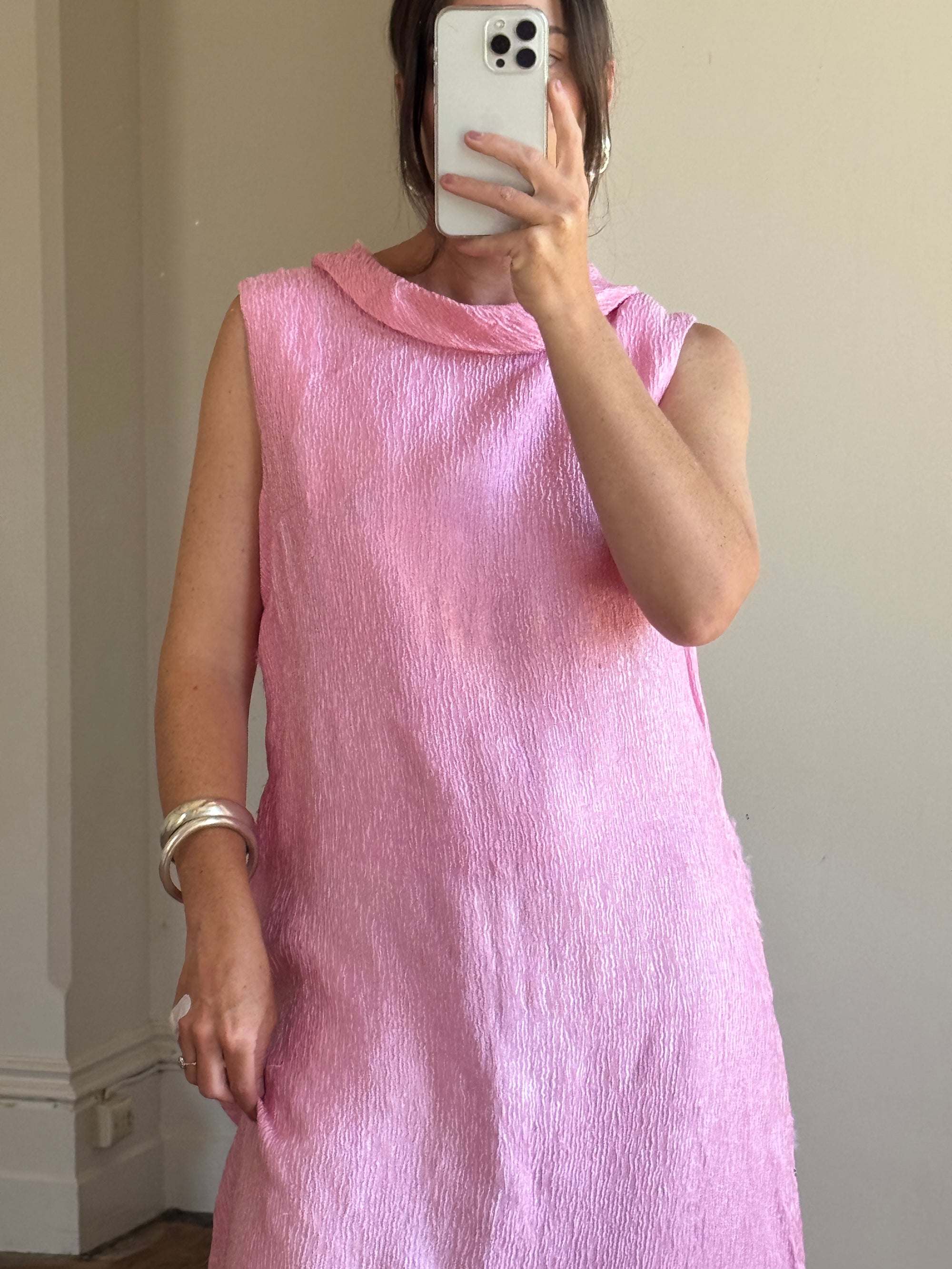 Vintage 80s Boat Neck Crinkle Dress Hot Pink