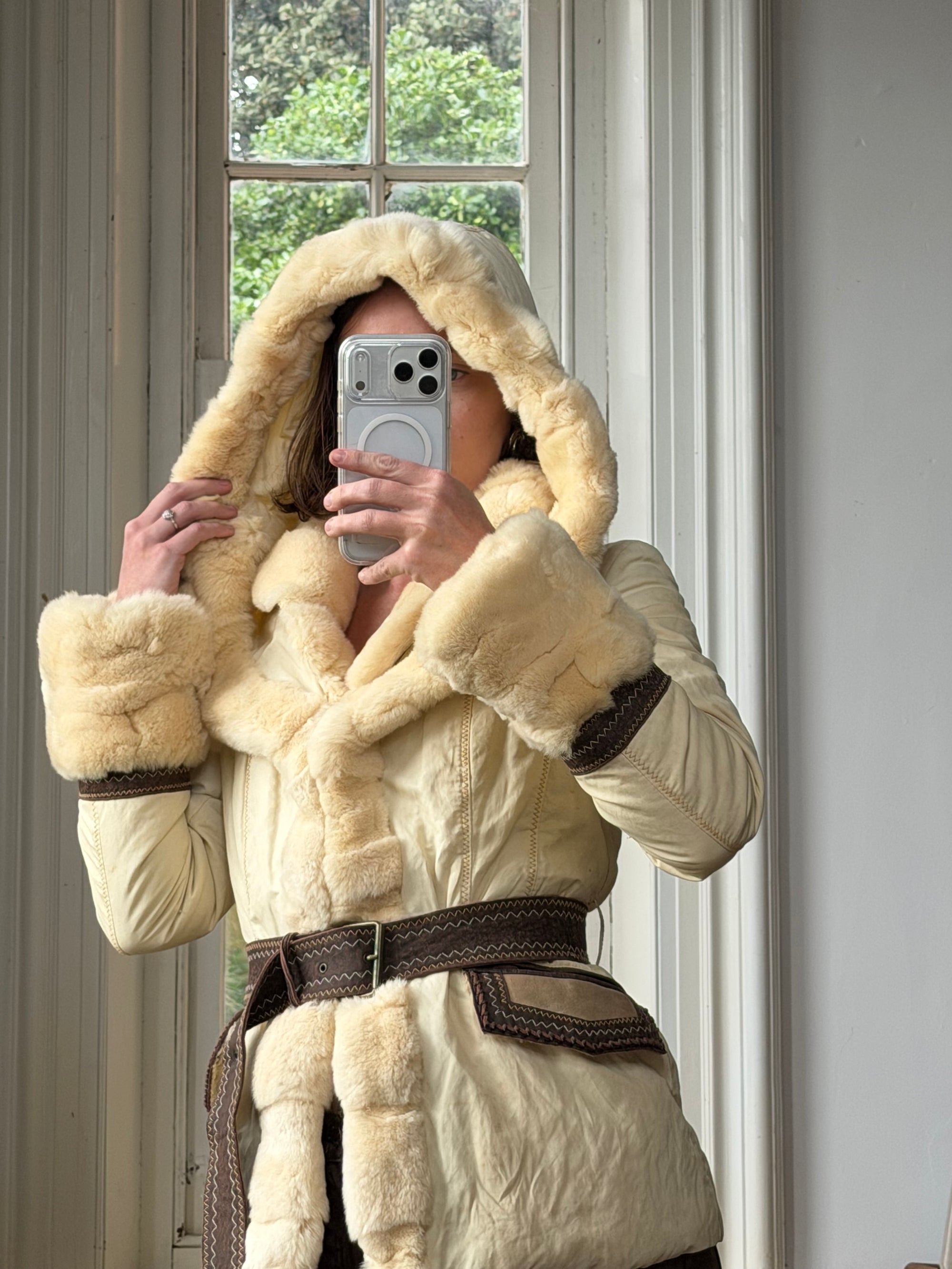 Vintage Y2K Italian Leather and Fur Belted Jacket with Hood