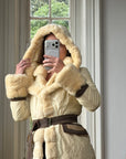 Vintage Y2K Italian Leather and Fur Belted Jacket with Hood