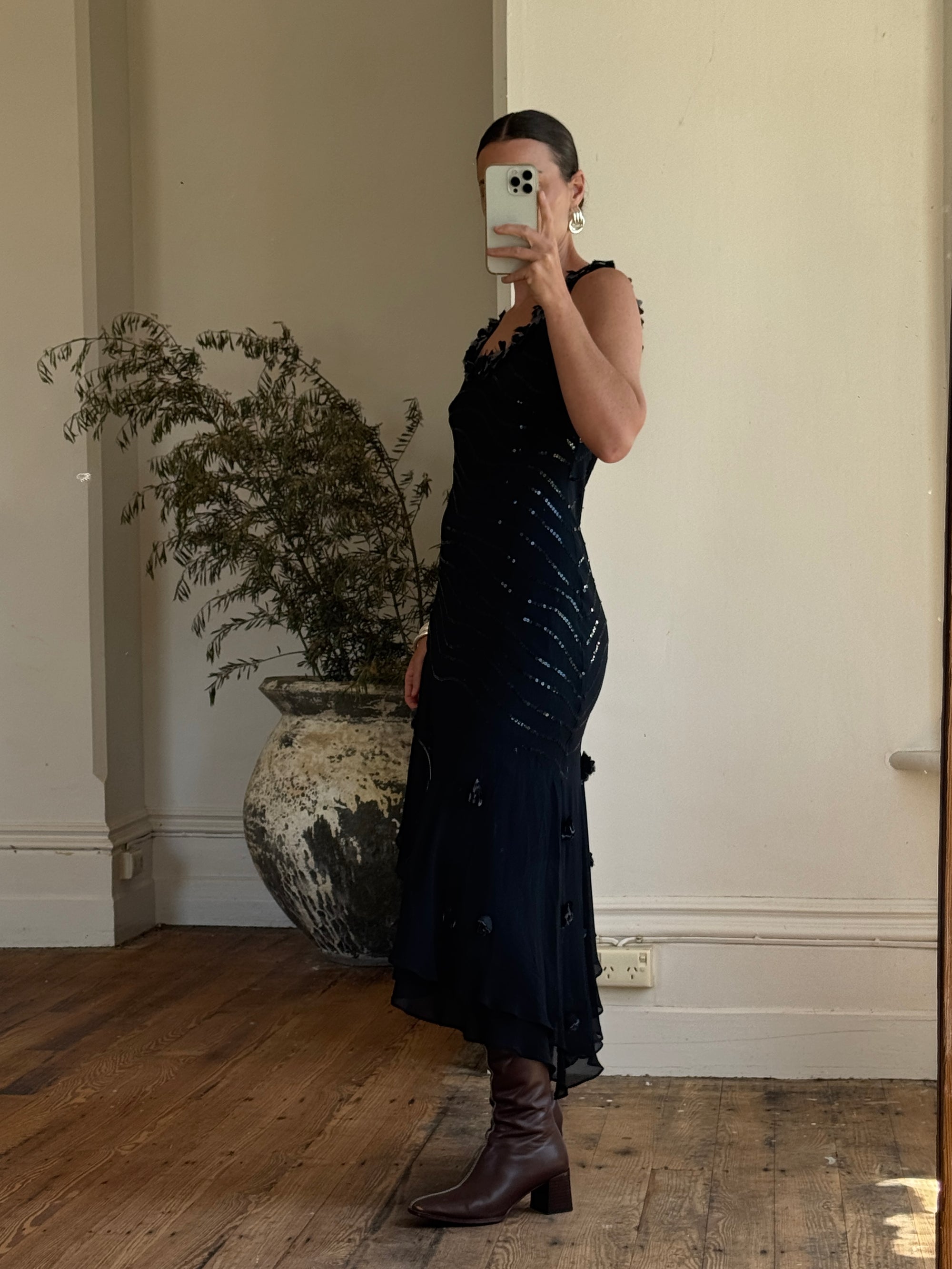 Vintage Y2K Pure Silk Sequin Fairy Dress Noir