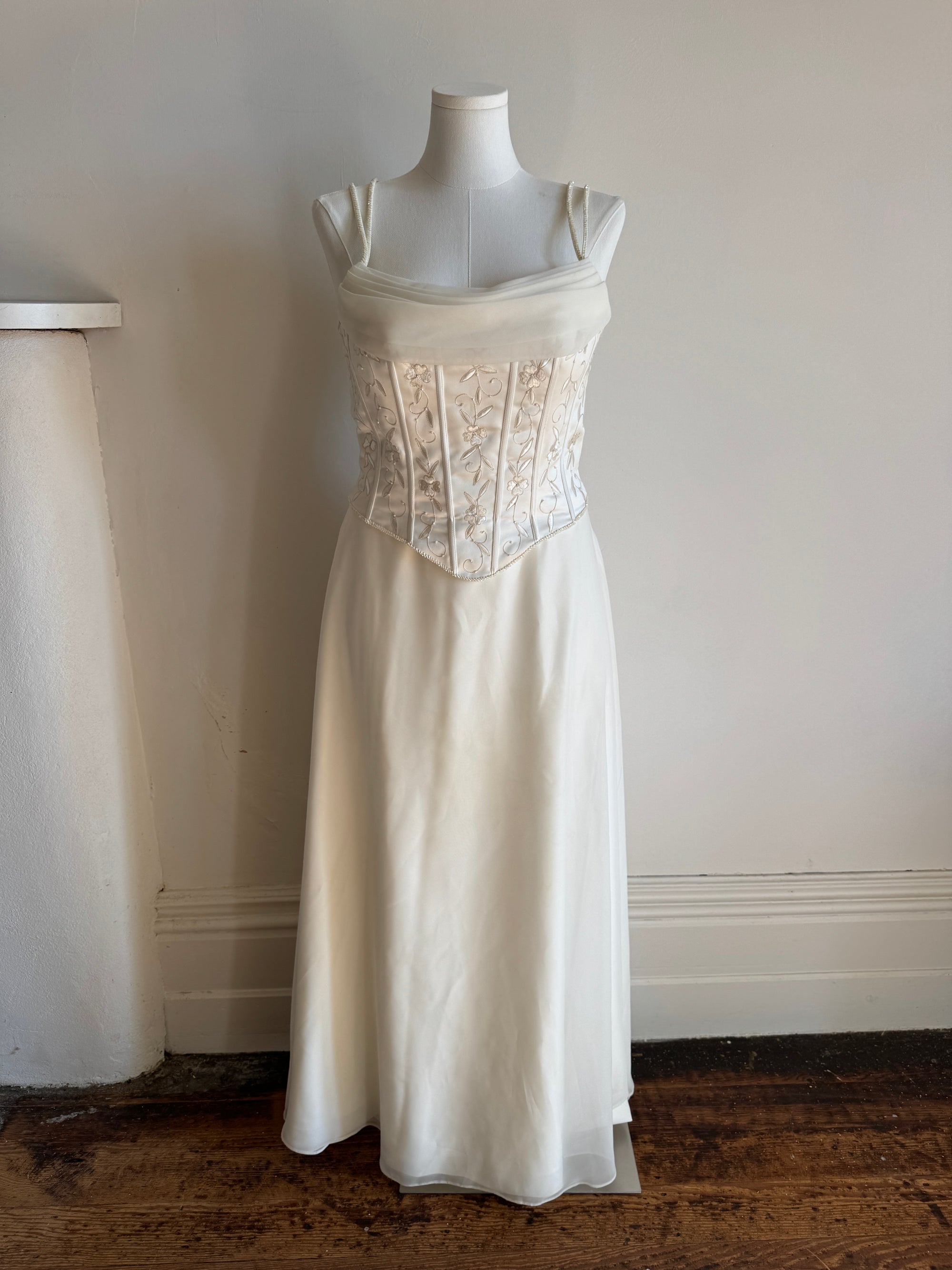 Vintage 90s Chiffon Jacquard Corset Embellishment Wedding Gown