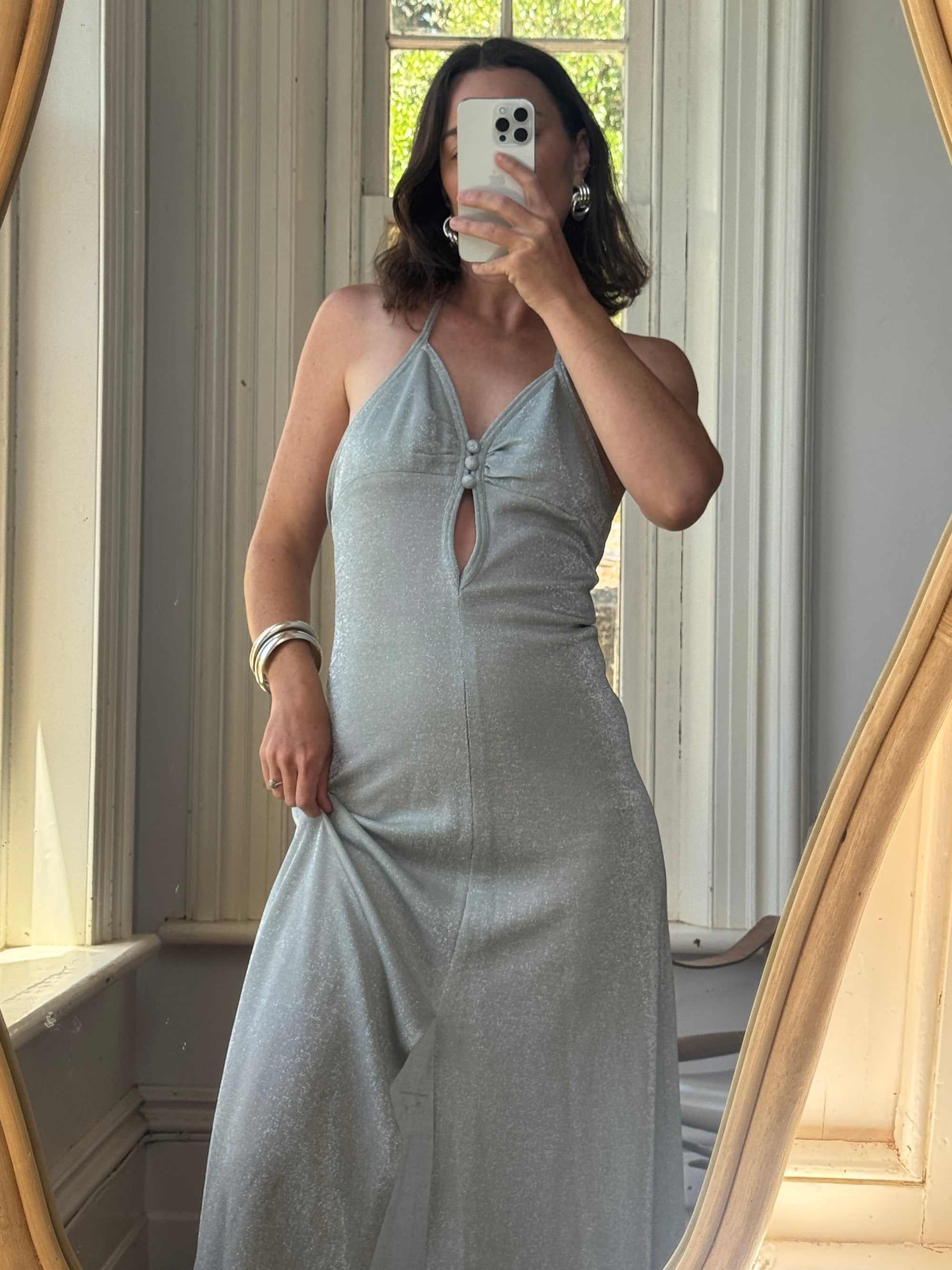 Vintage 70s Lurex Ice Blue Halter Maxi Dress