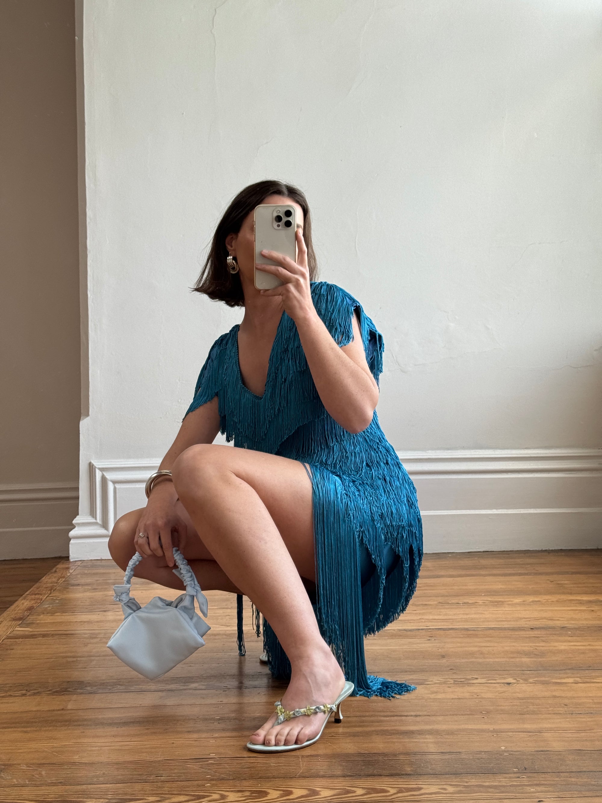 Vintage 80s Fringe Party Dress Ocean Blue