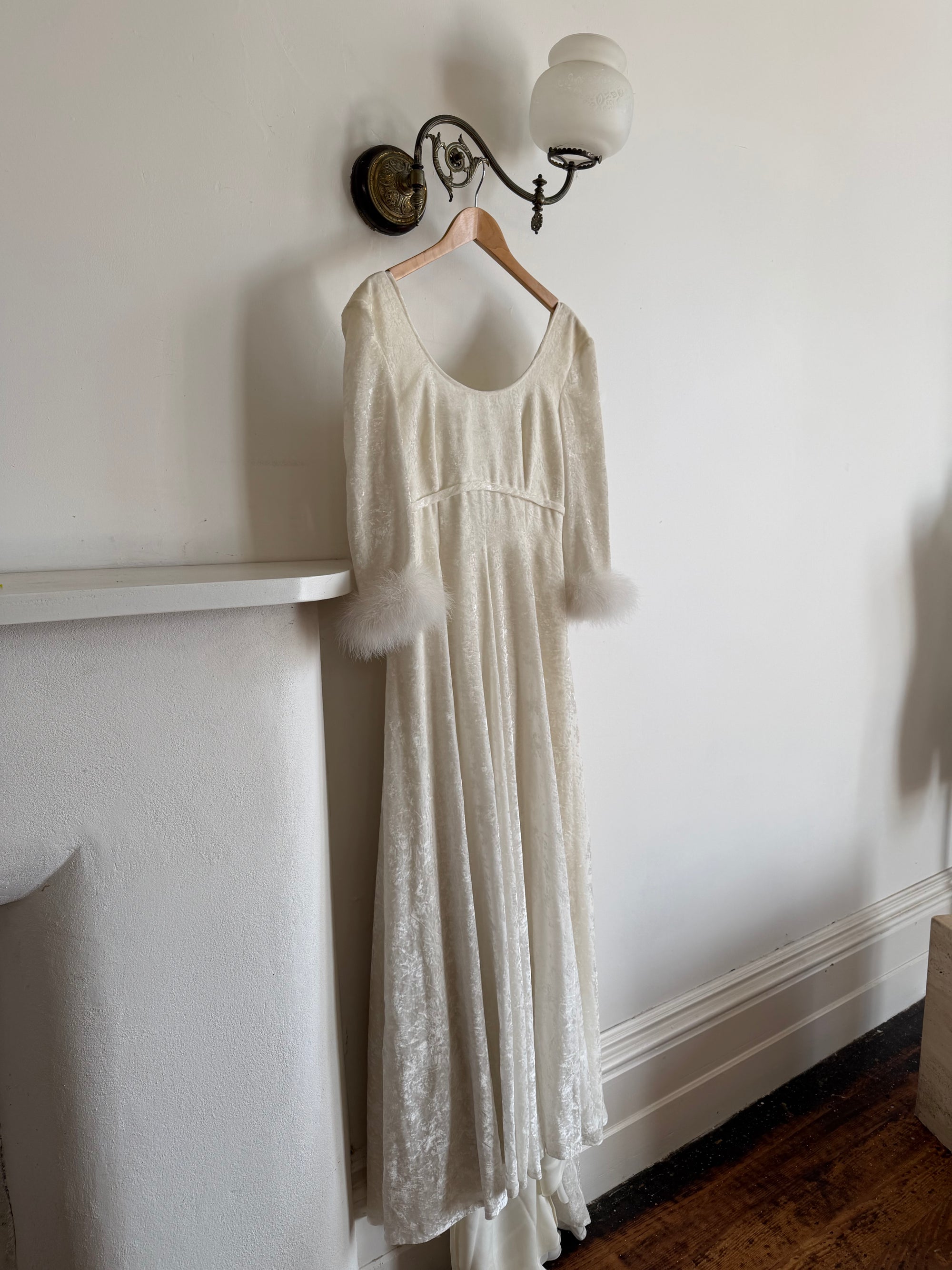 Vintage 90s Italian Velvet Long Sleeve Feather Wedding Gown