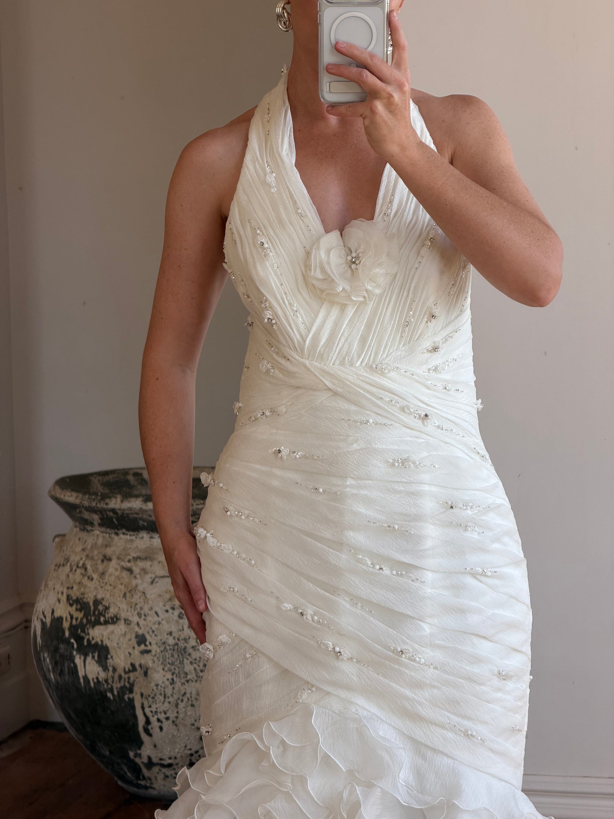 Vintage 90s Italian Plus Size Halter Ruffle Wedding Gown