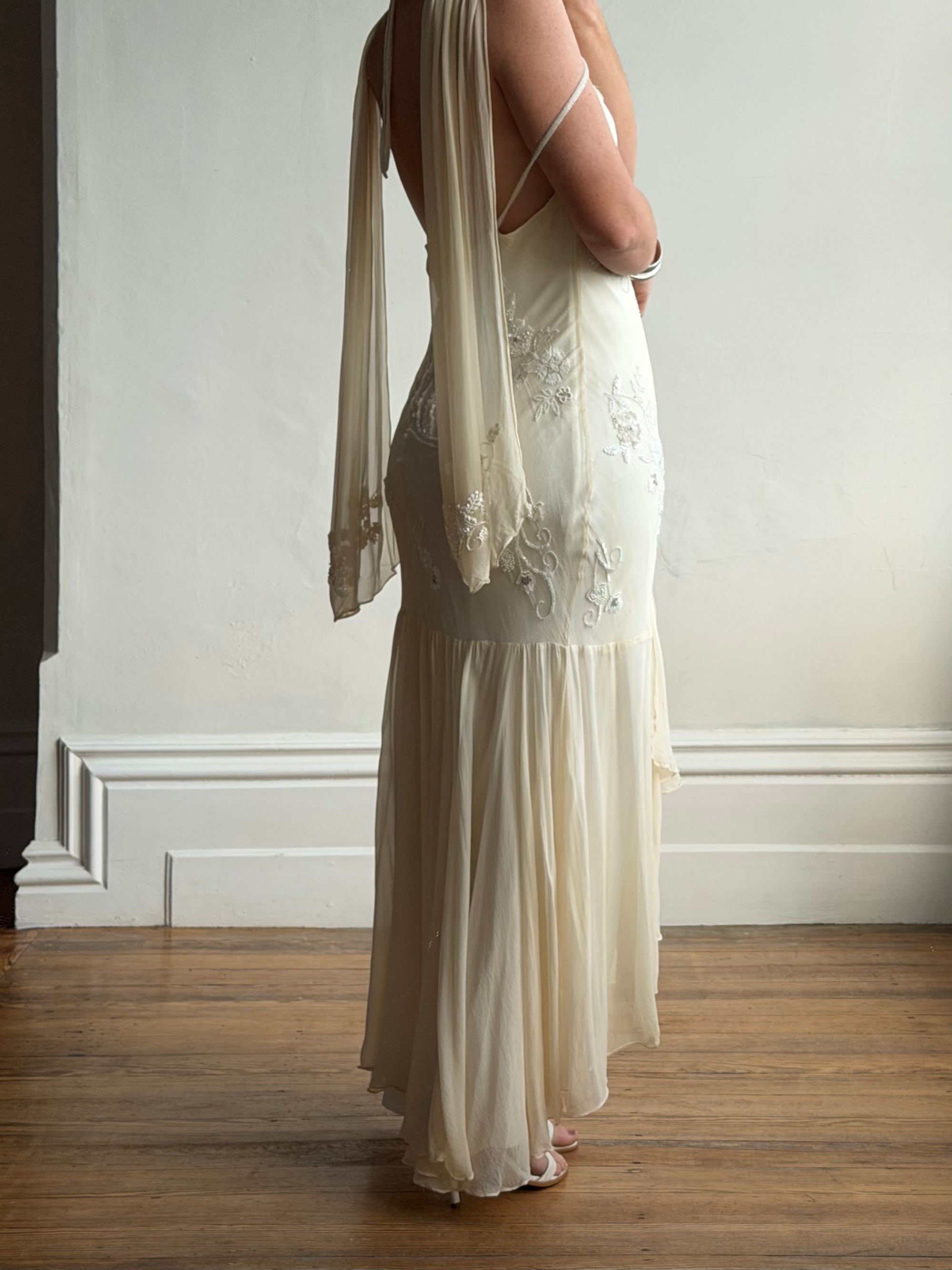 Vintage 90s Pure Silk Embellished Midi Dress With Scarf Creme
