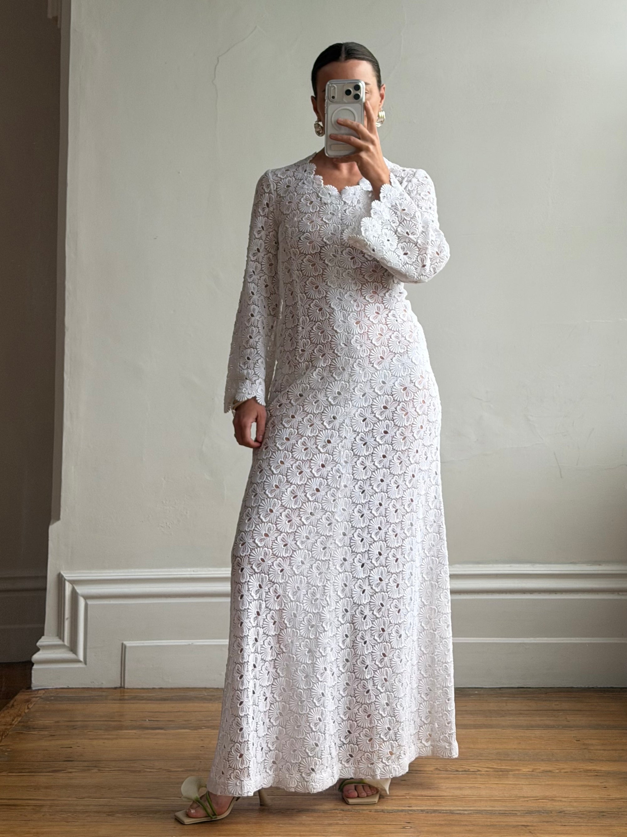Vintage 60s Crochet Lace Long Sleeved Wedding Gown