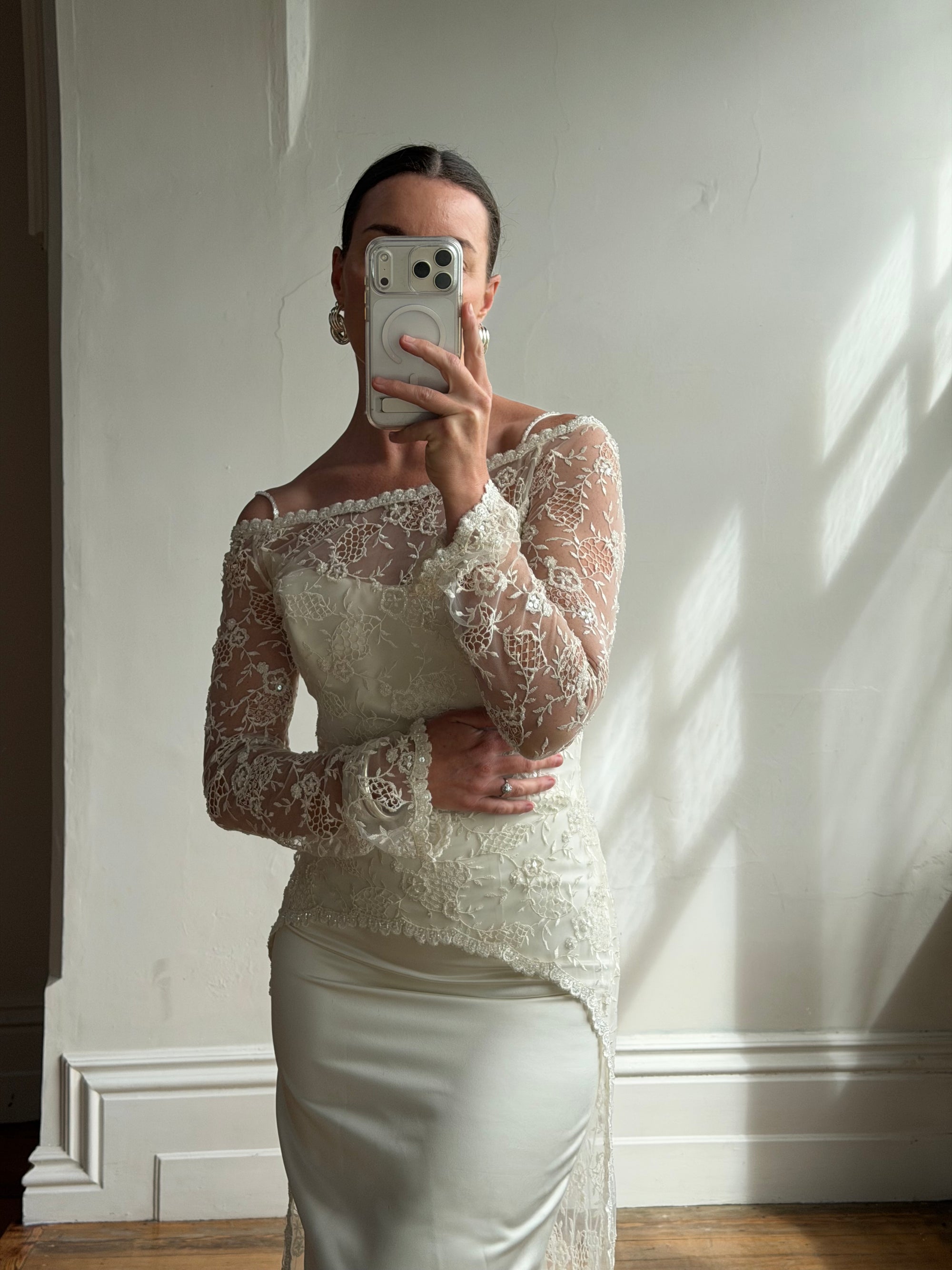Vintage 90s Italian Beaded Lace and Satin Wedding Gown