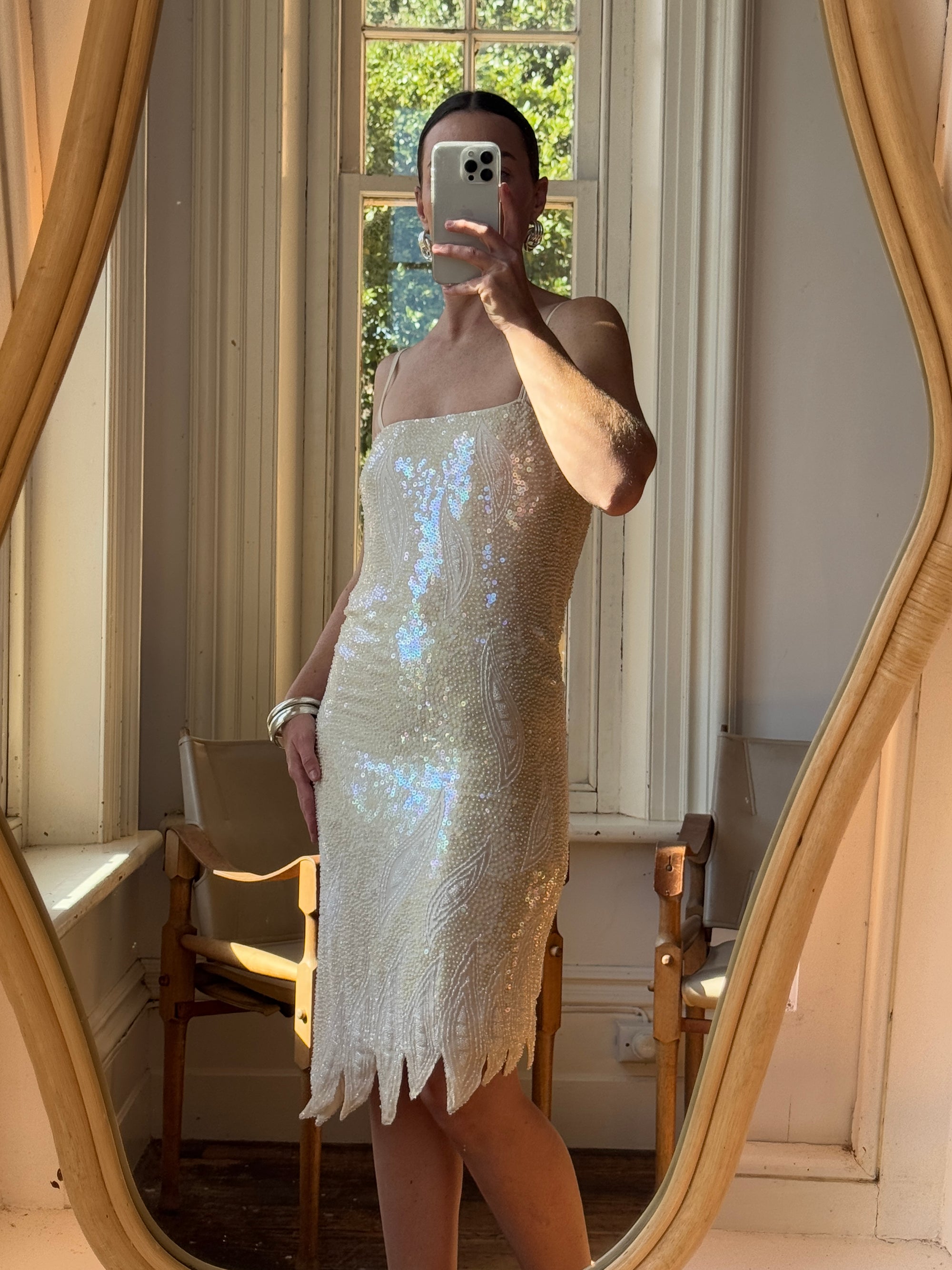 Vintage 90s Pure Silk Sequin Party Dress Creme