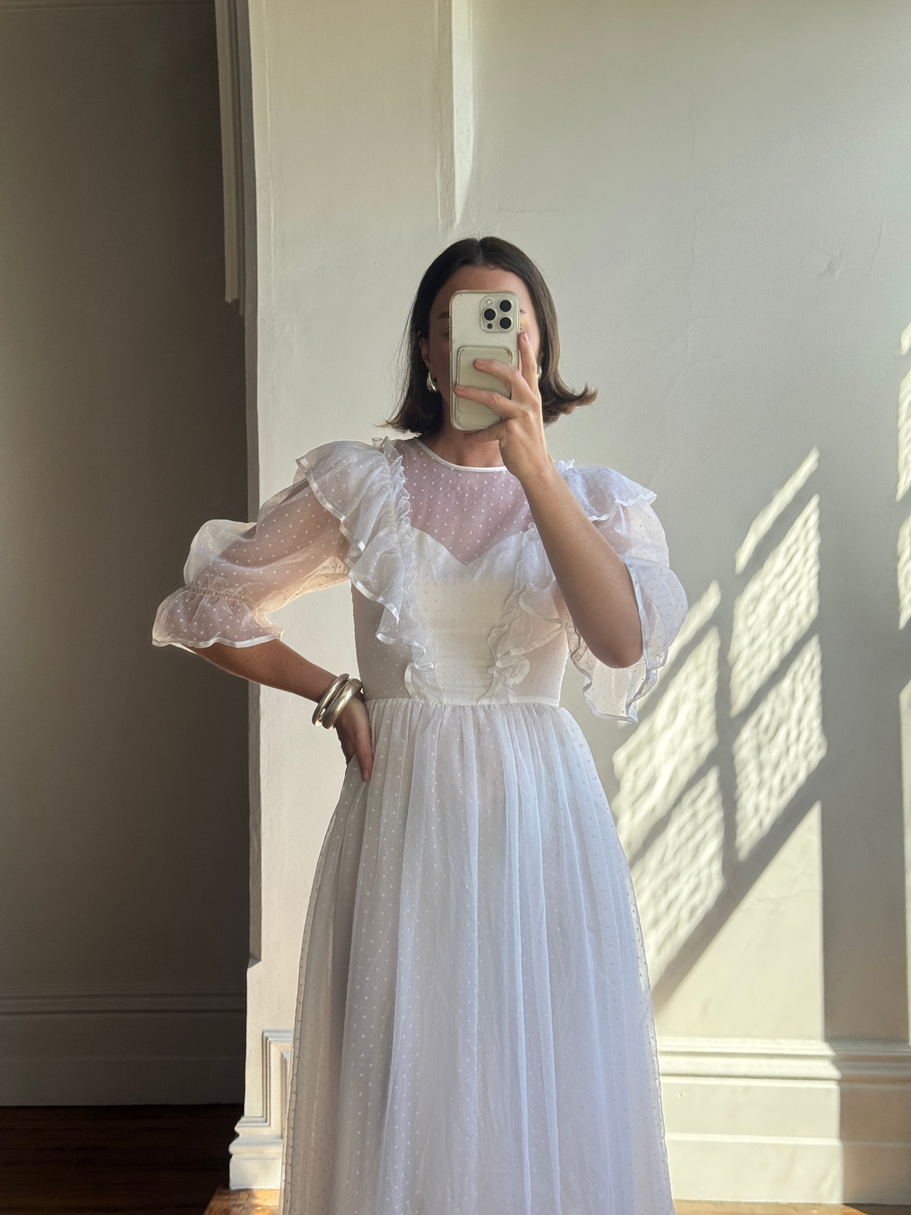 Vintage 70s Polka Chiffon Frill Wedding Dress