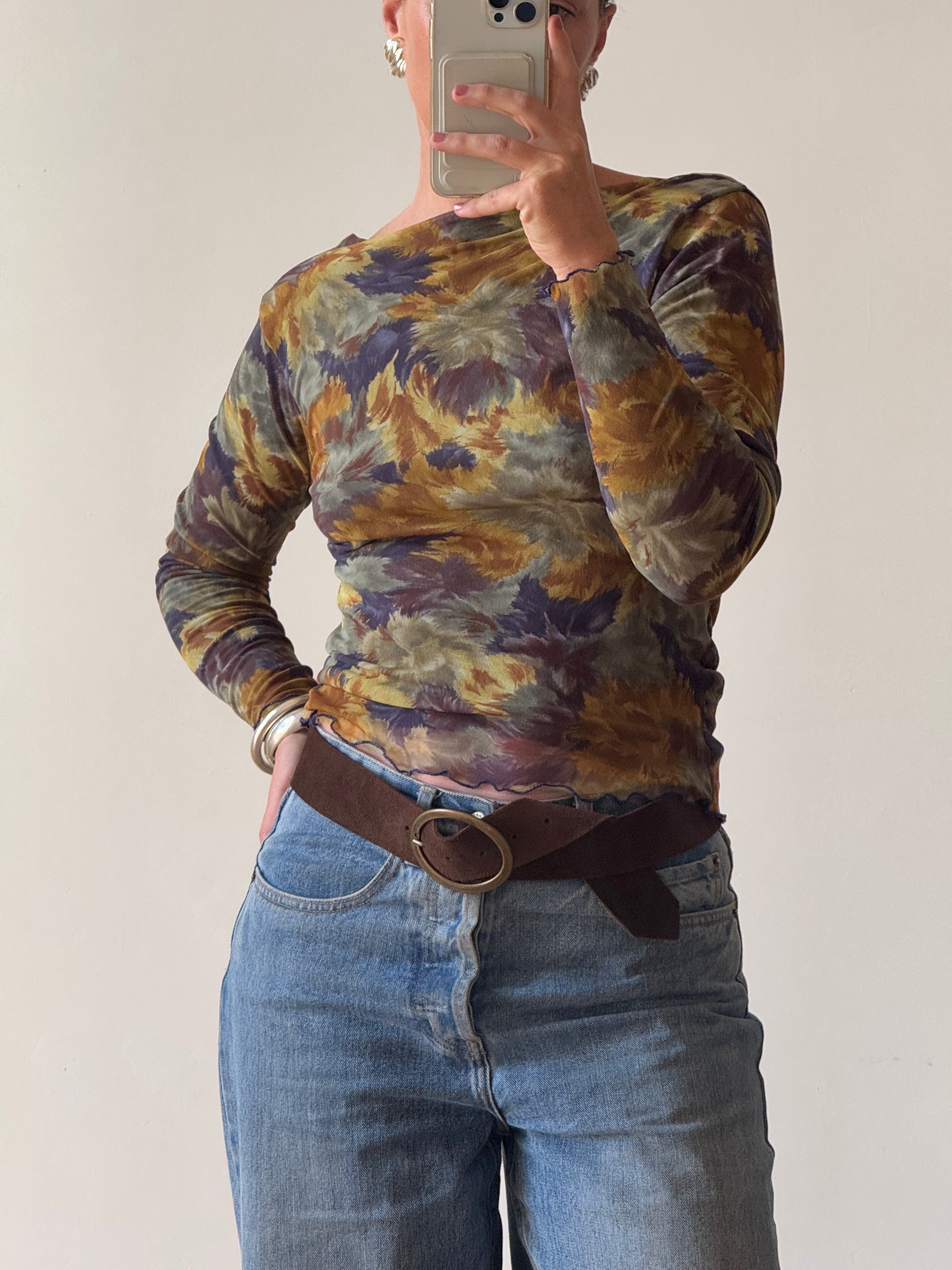 Vintage 90s Floral Mesh Top Navy Gold