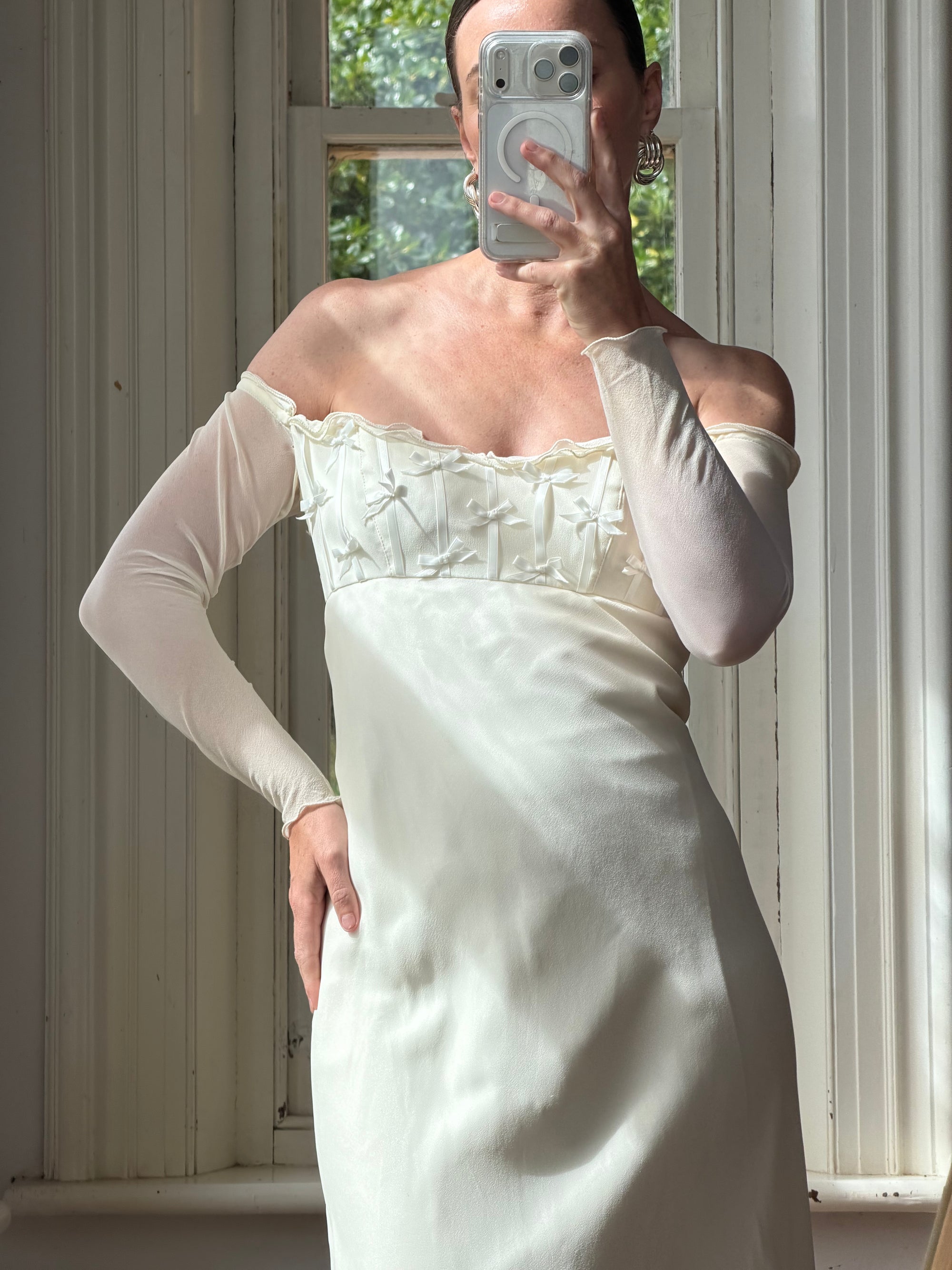 Vintage 90s Pure Silk Chiffon Empire Bow Off Shoulder Wedding Dress