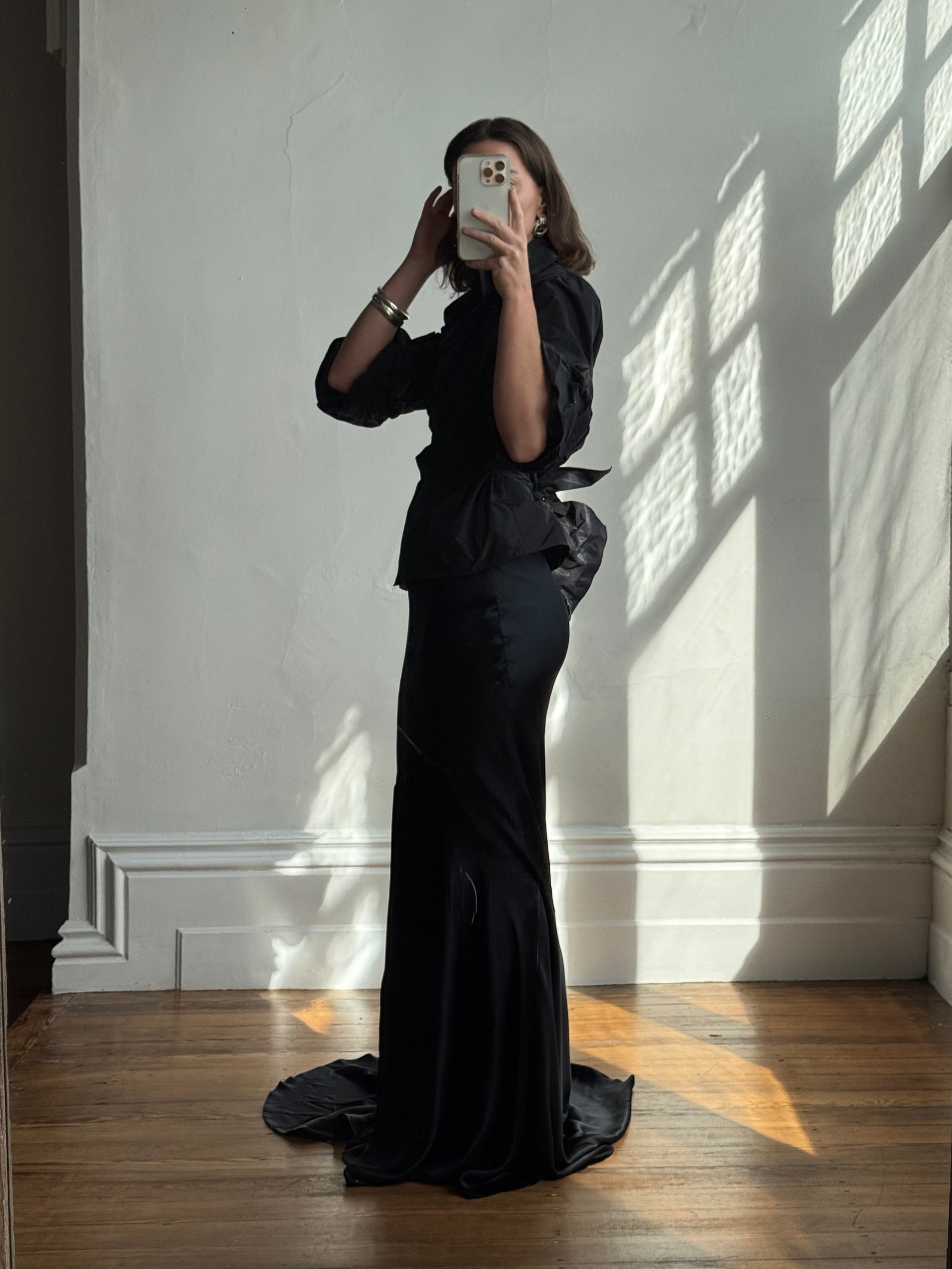 Vintage 90s Pure Silk Fishtail Skirt With Train Noir
