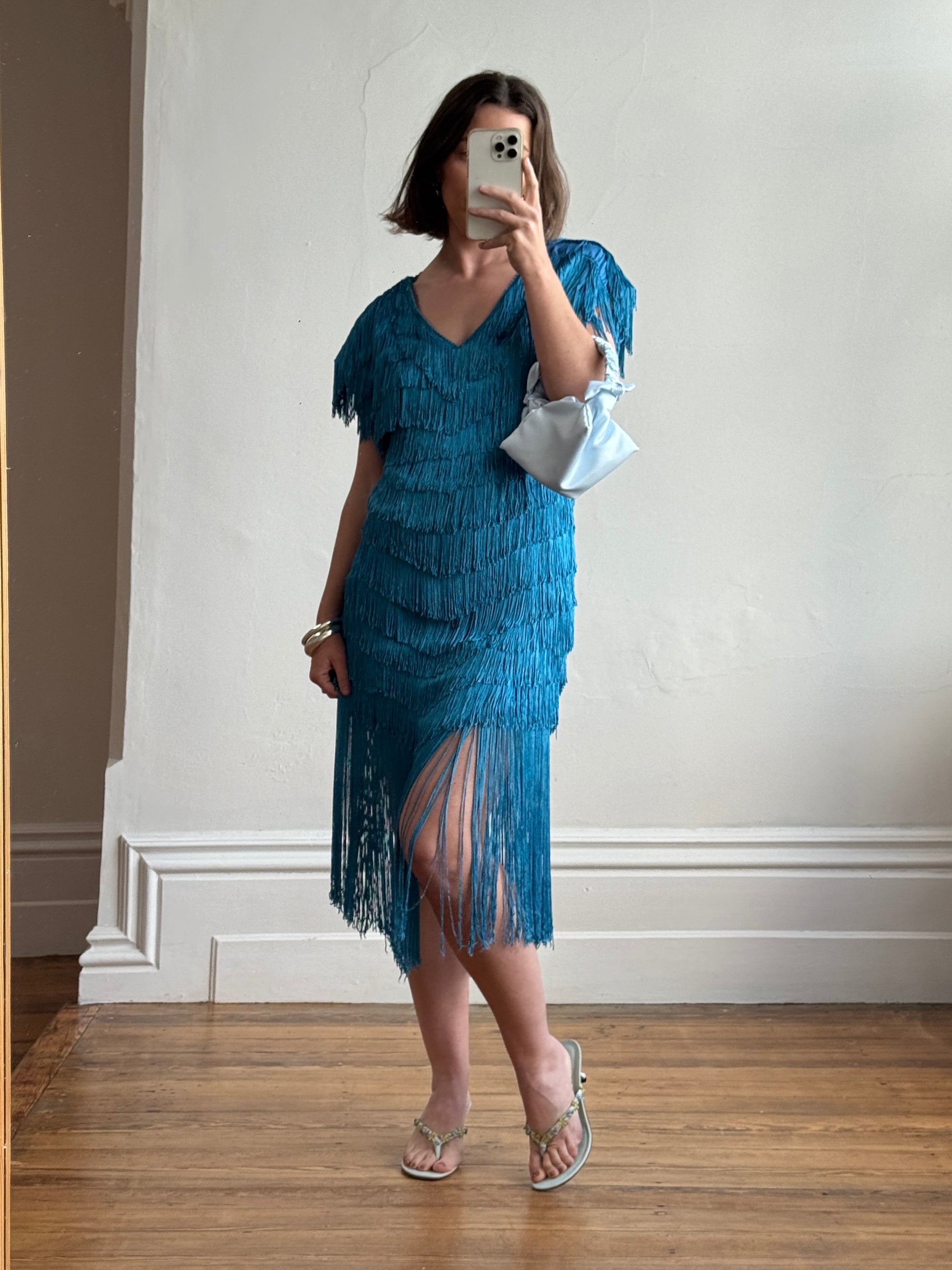 Vintage 80s Fringe Party Dress Ocean Blue