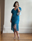 Vintage 80s Fringe Party Dress Ocean Blue