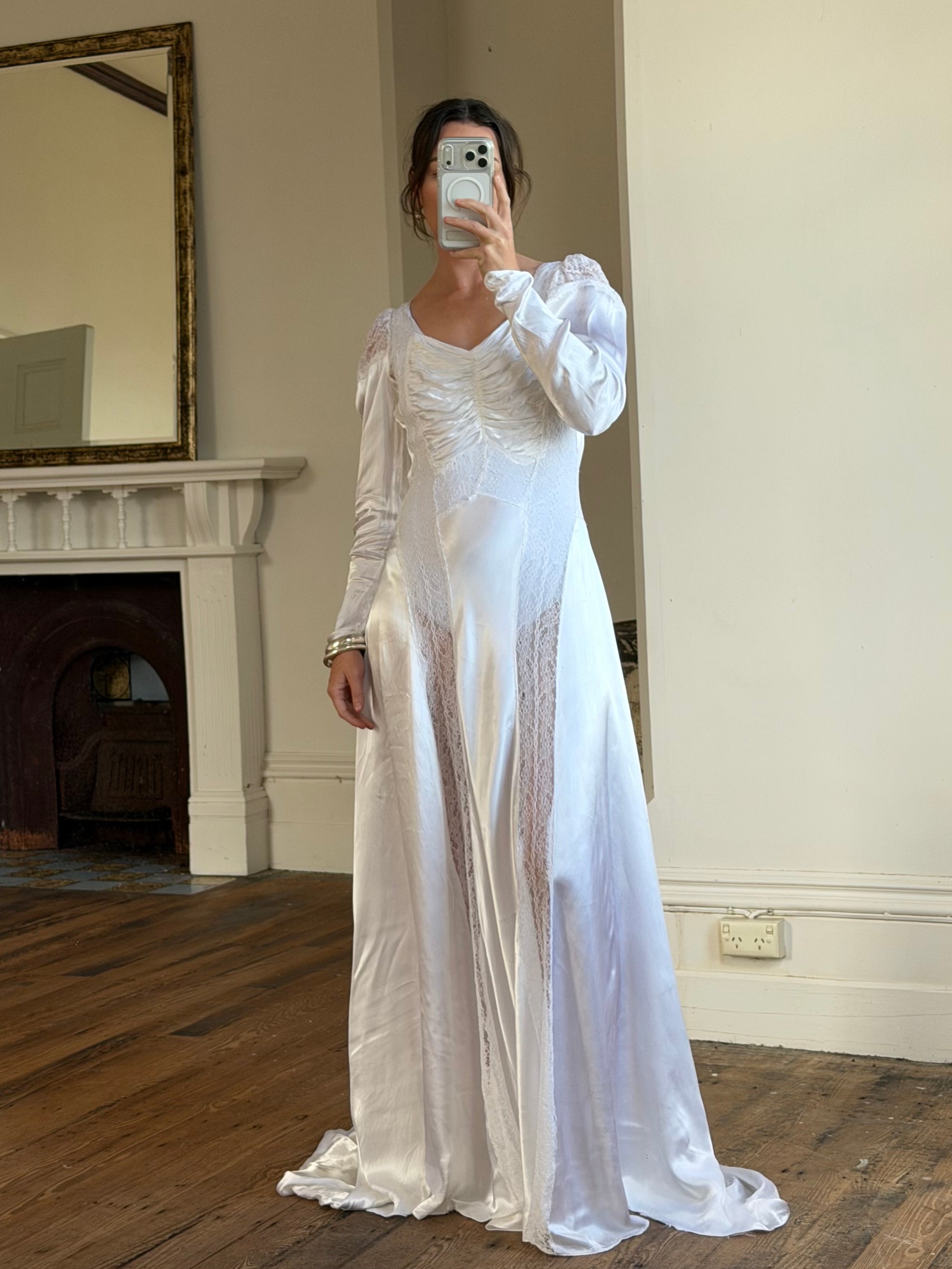 Vintage 40s Liquid Silk Satin Sheer Lace Wedding Gown