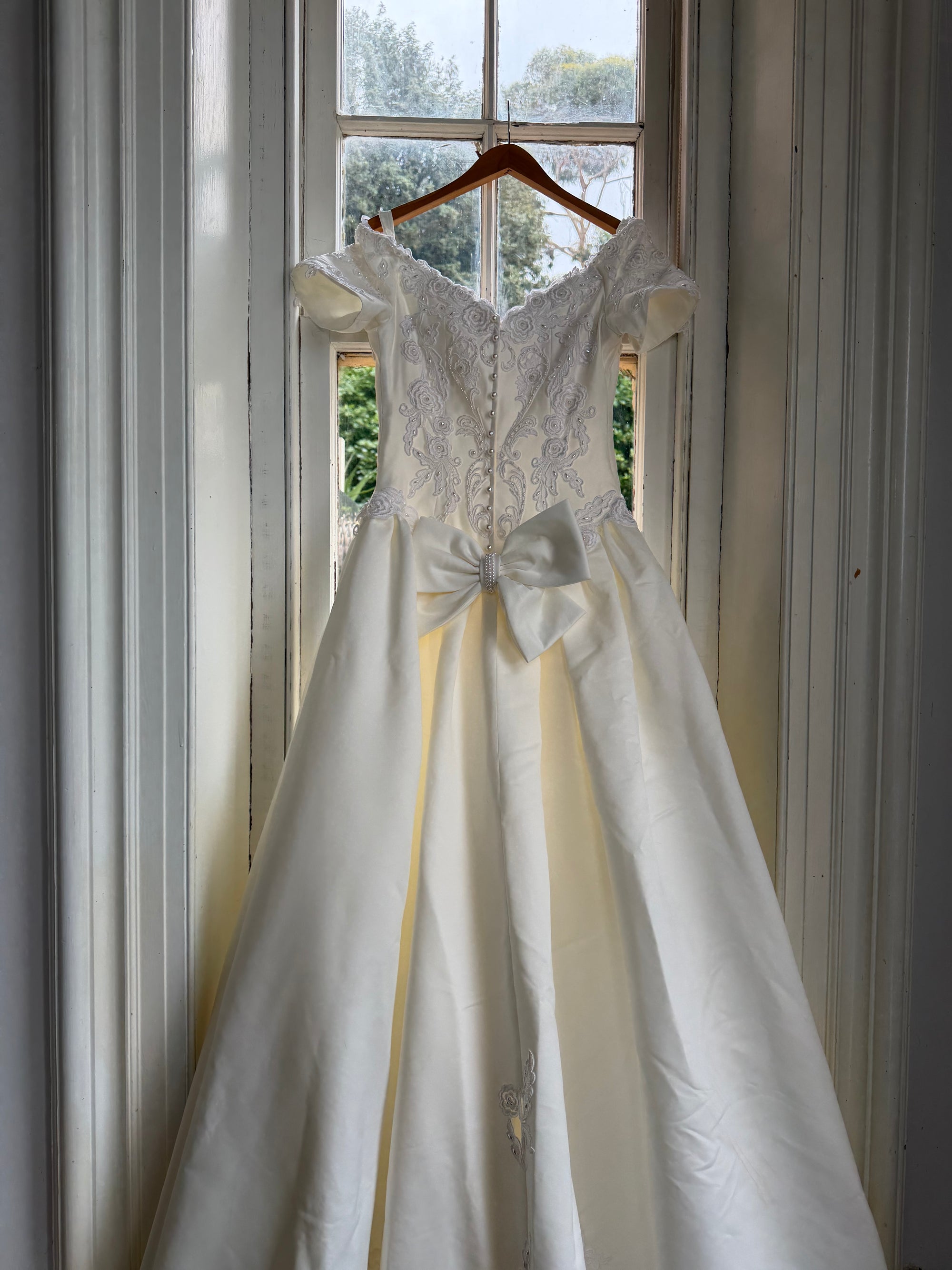 Vintage 90s Embellished Off Shoulder Satin Wedding Gown