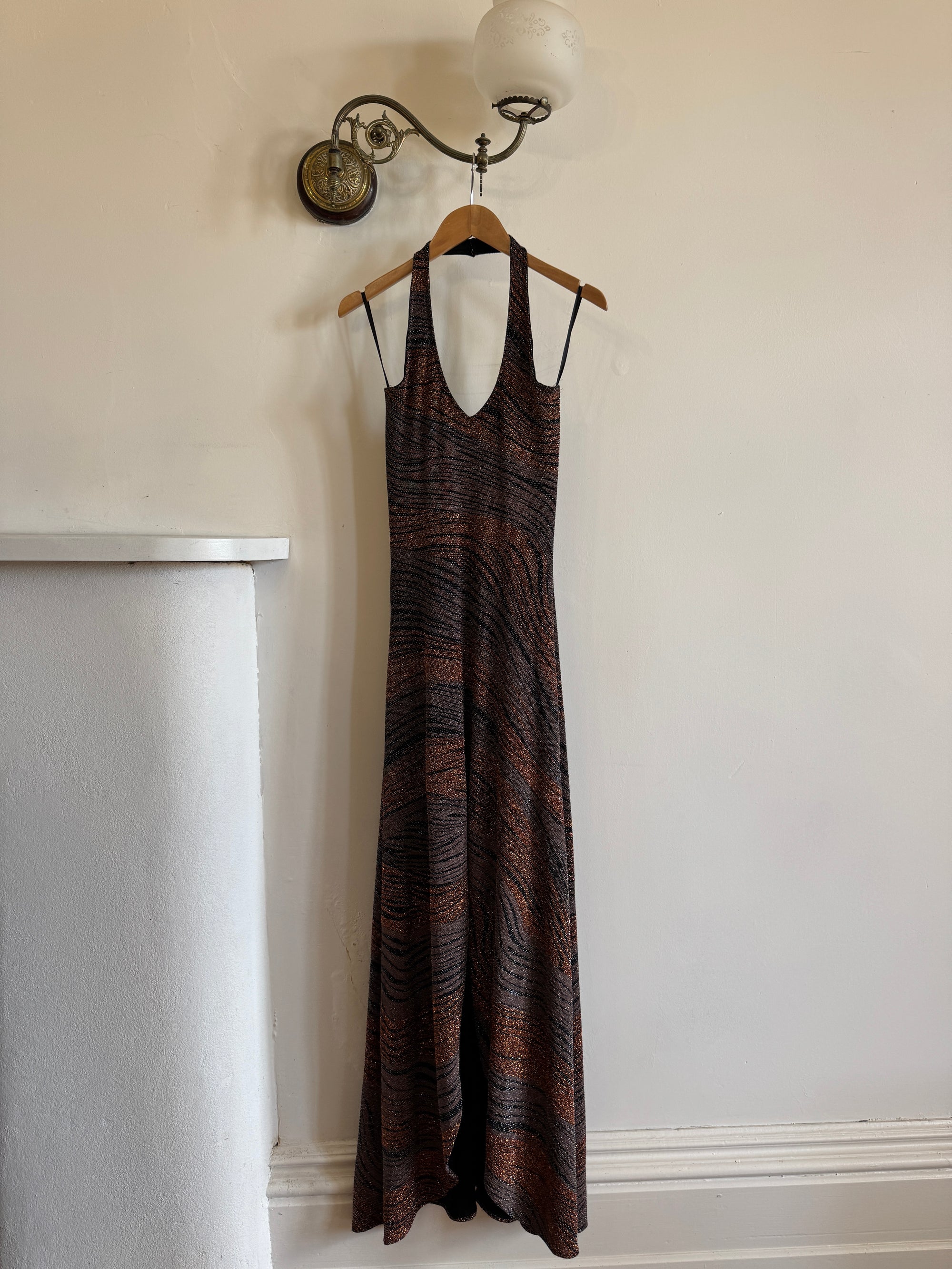 Vintage 90s Bodycon Bronze Lurex Halter Dress
