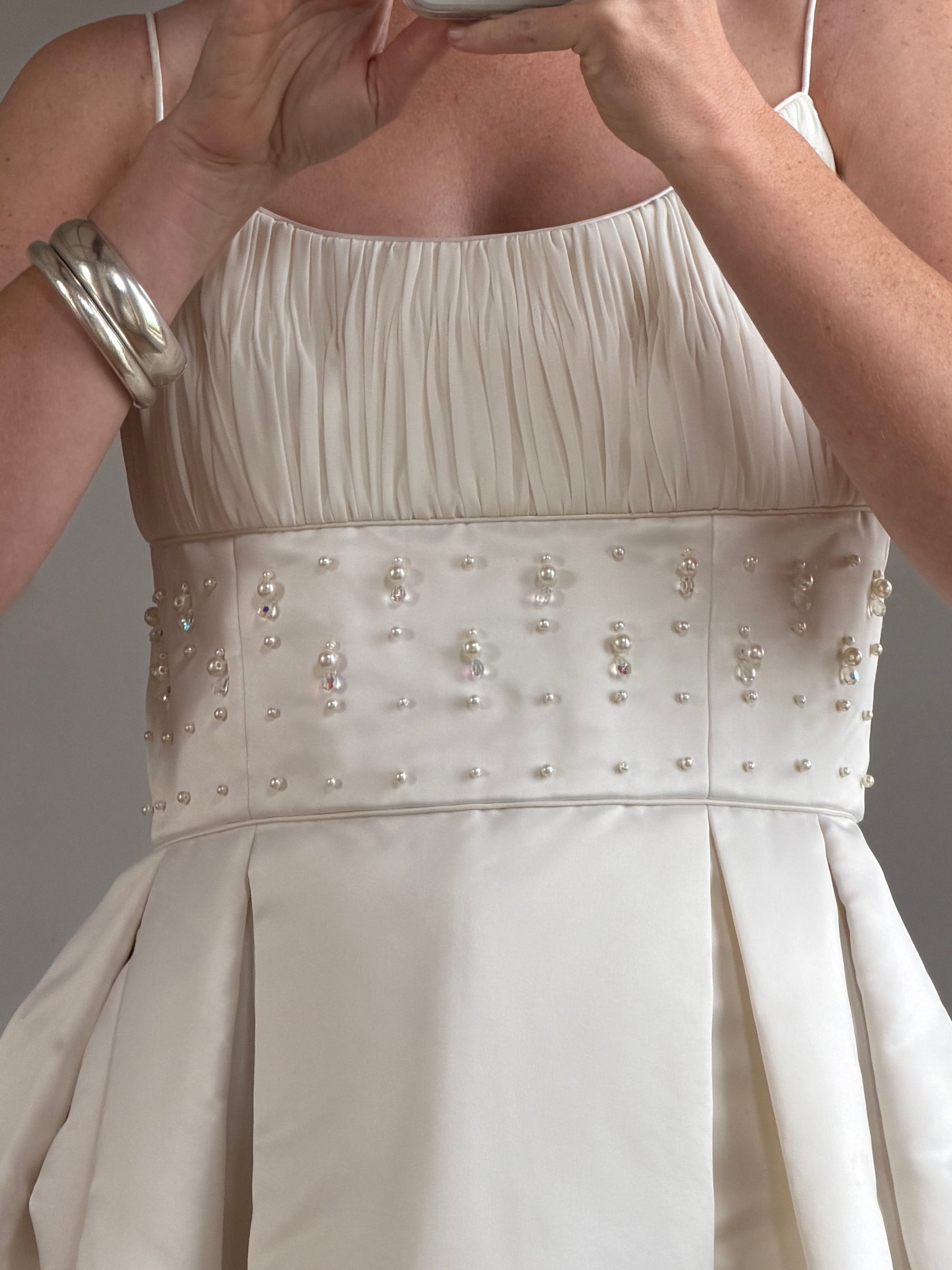 Vintage 90s Crystal Gathered Princess Satin Wedding Gown