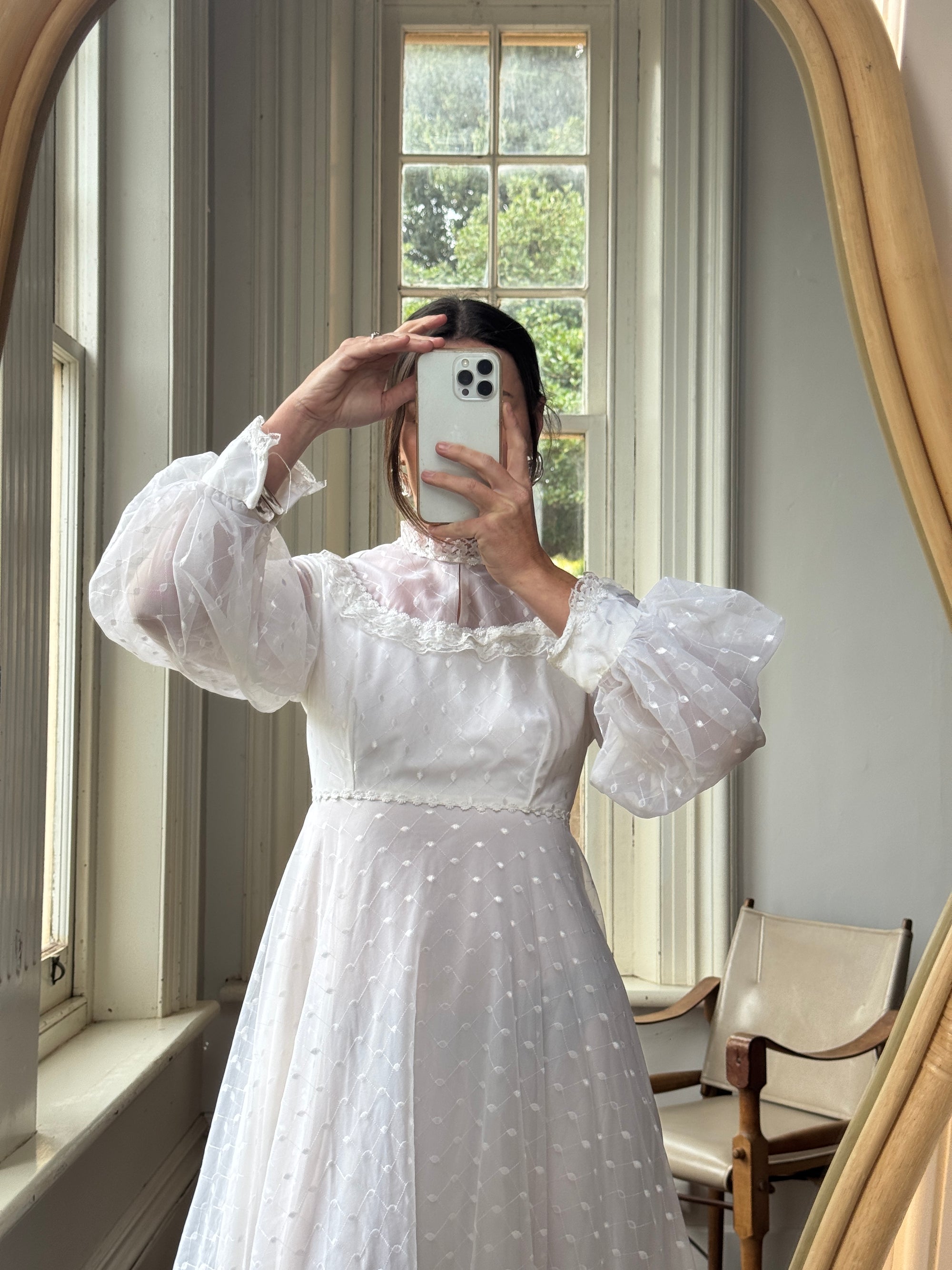 Vintage 70s Swiss Dot Prairie Wedding Dress