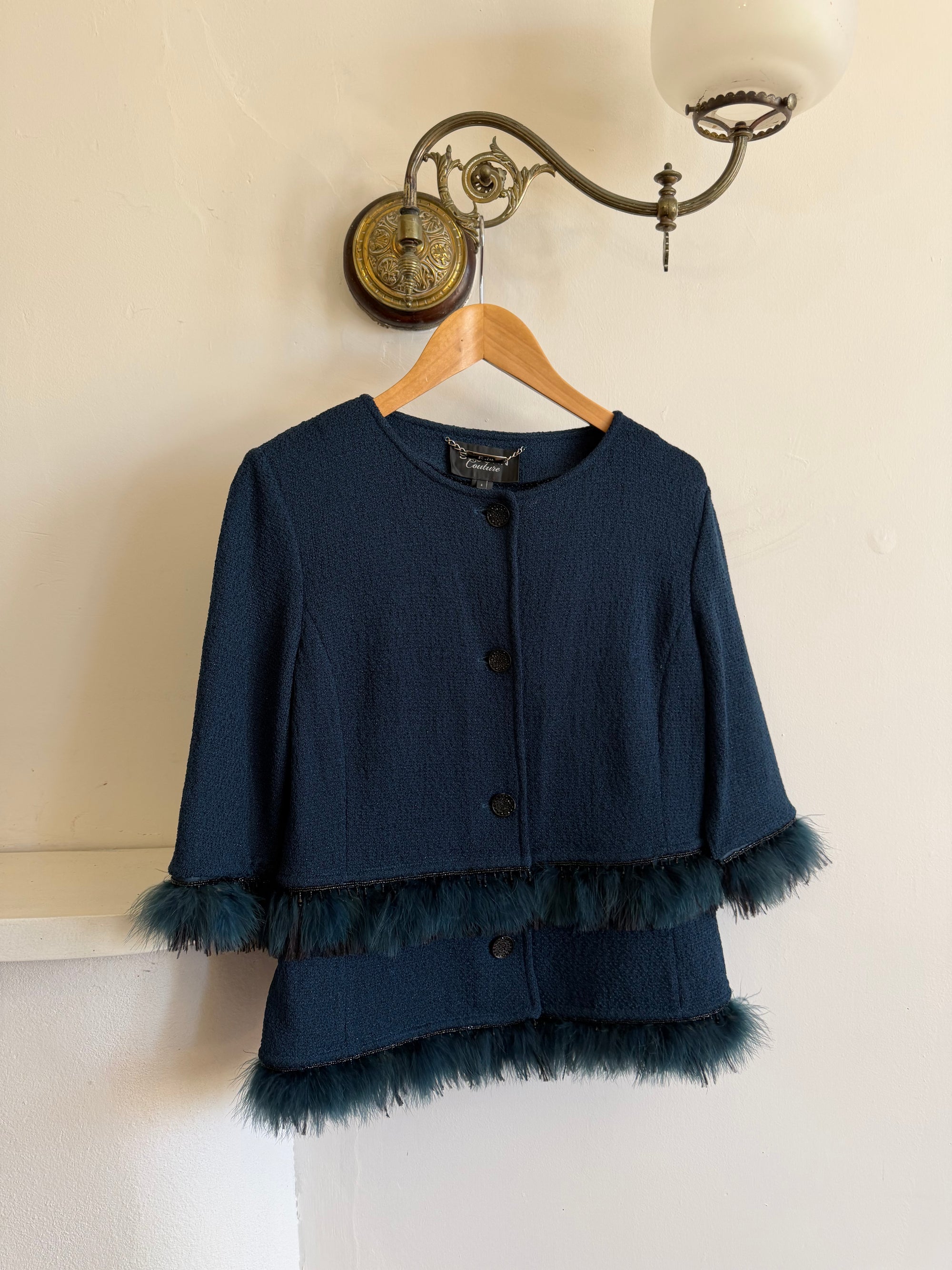 Vintage 90s Couture Ostrich Feather Jacket Navy