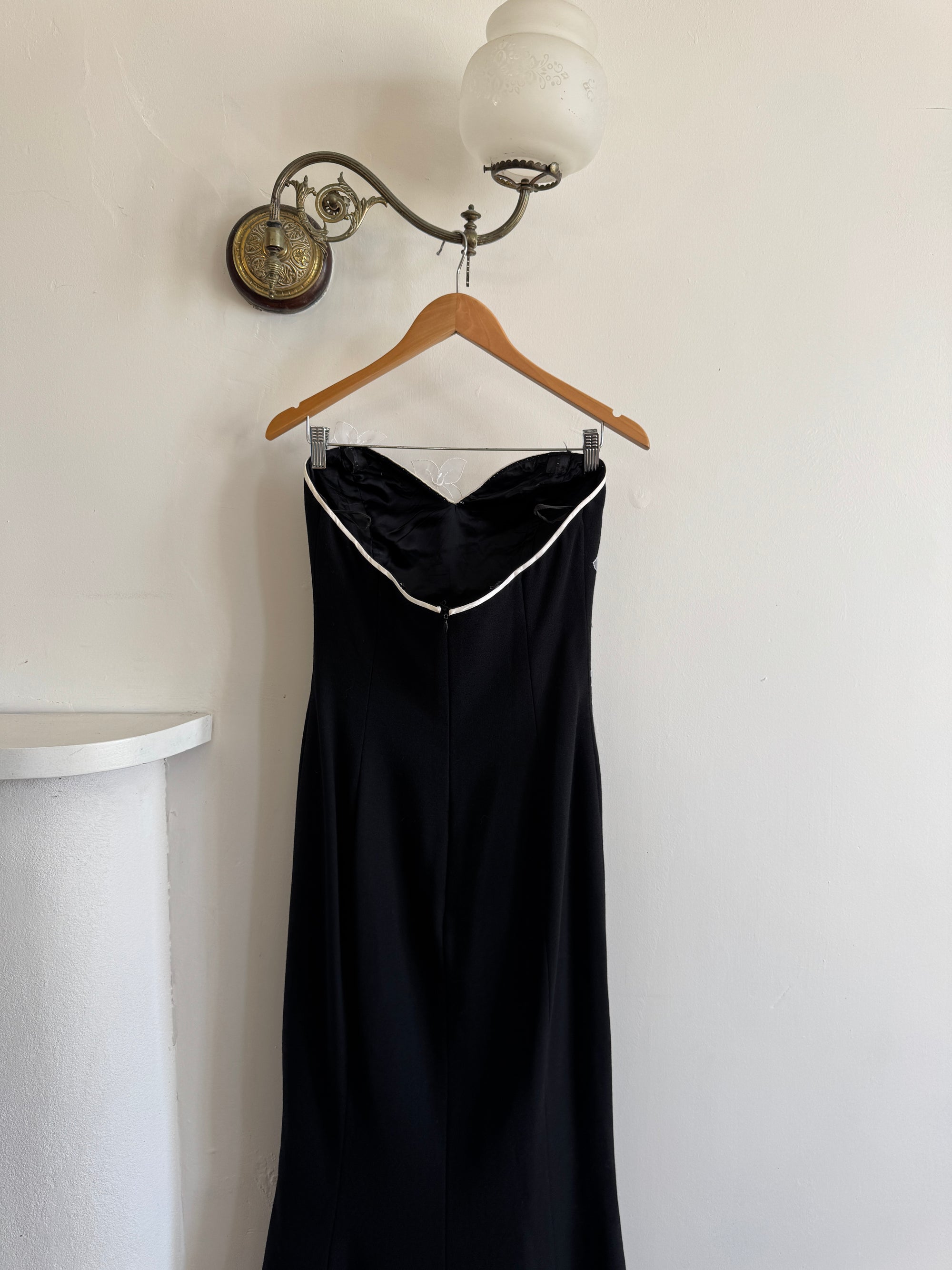 Vintage 90s Black Mermaid Dress with White Organza Flower Applique