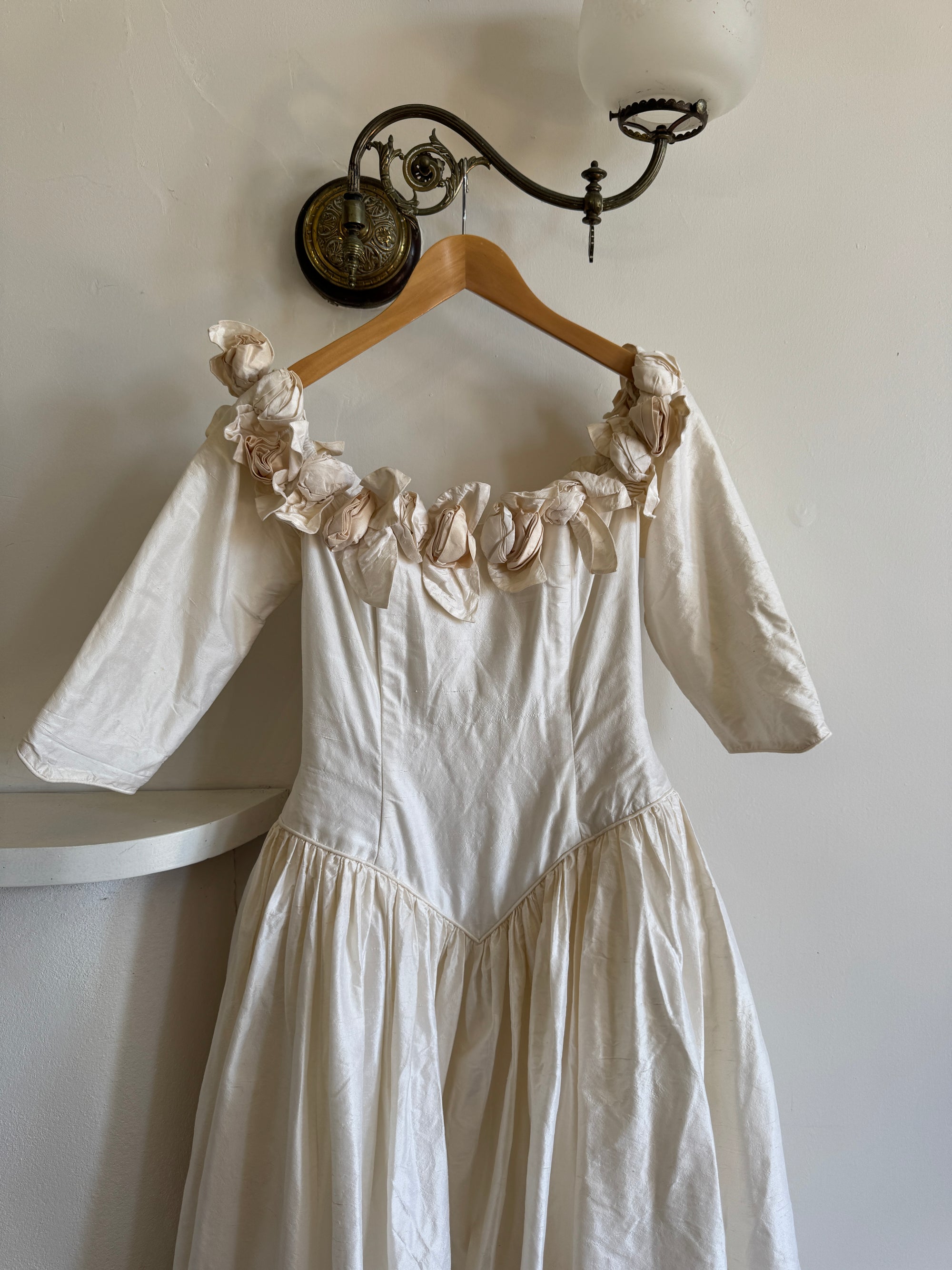 Vintage 80s Pure Silk Rosette Off Shoulder Gown