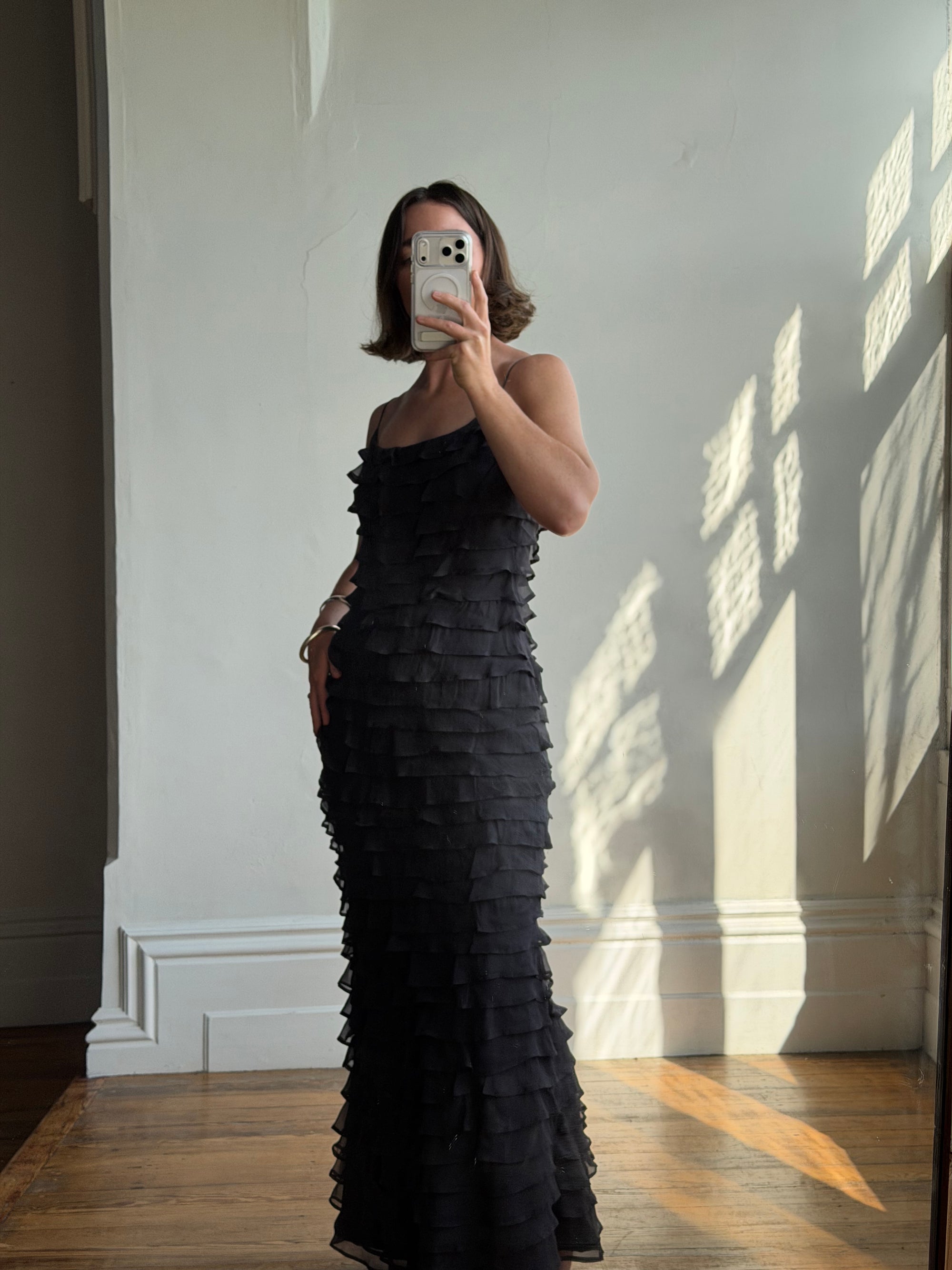 Vintage 90s Pure Silk Tiered Ruffle Dress Navy