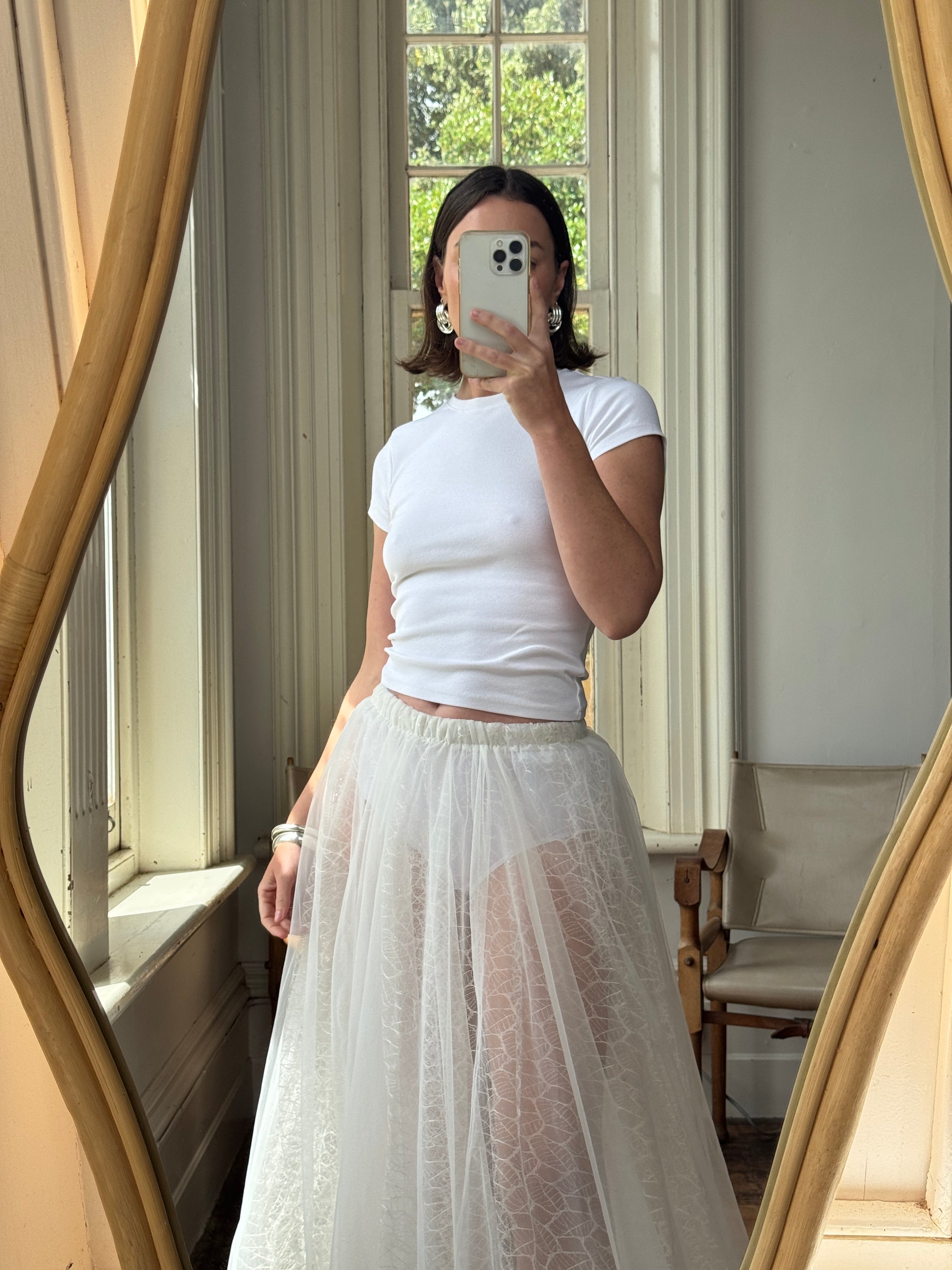 Vintage 80s Sheer Organza Webbed Lace Bridal Skirt