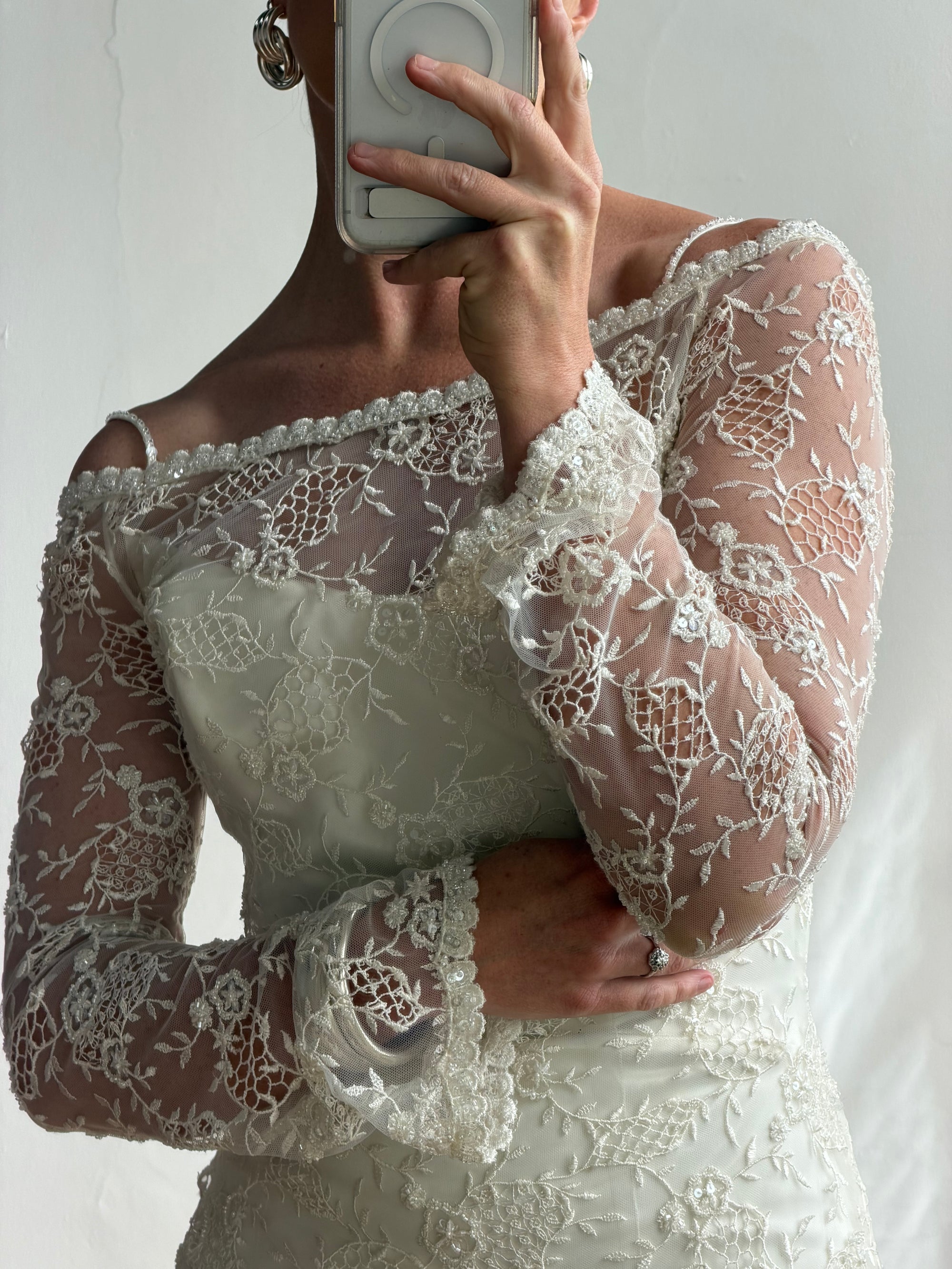 Vintage 90s Italian Beaded Lace and Satin Wedding Gown
