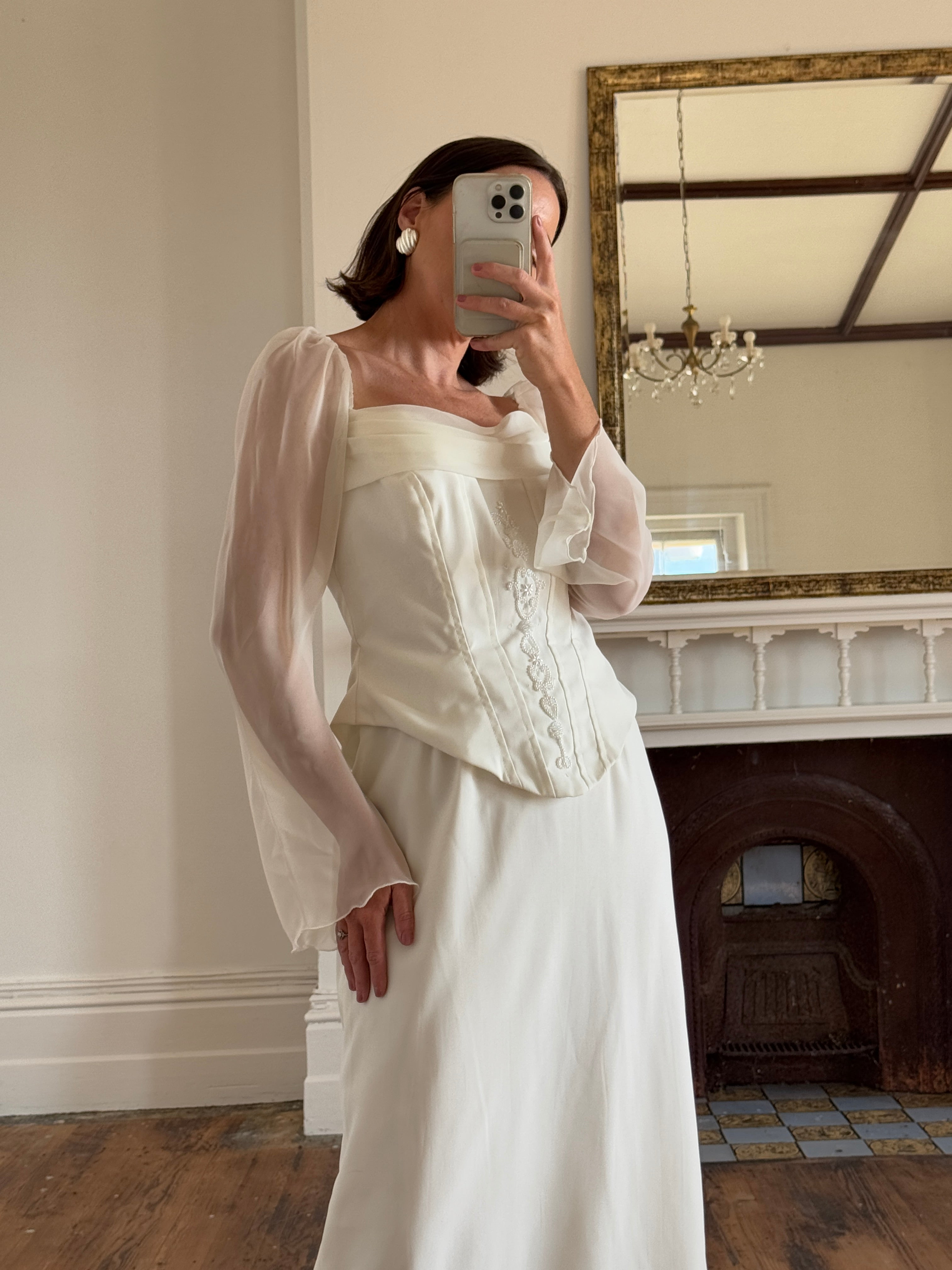 Vintage 80s Chiffon Sleeve Wedding Dress With Corset
