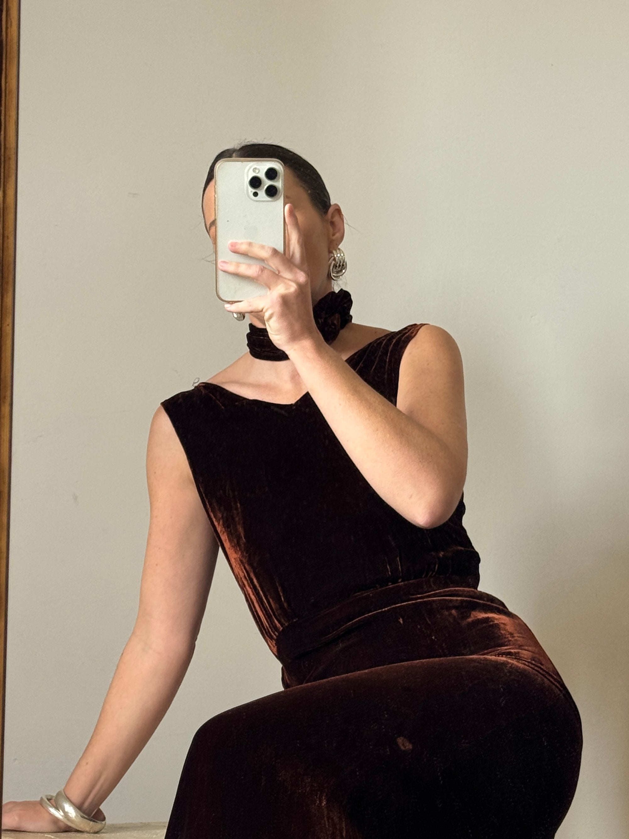Vintage 30s Brown Velvet Bias Cut Dress With Rosette tie
