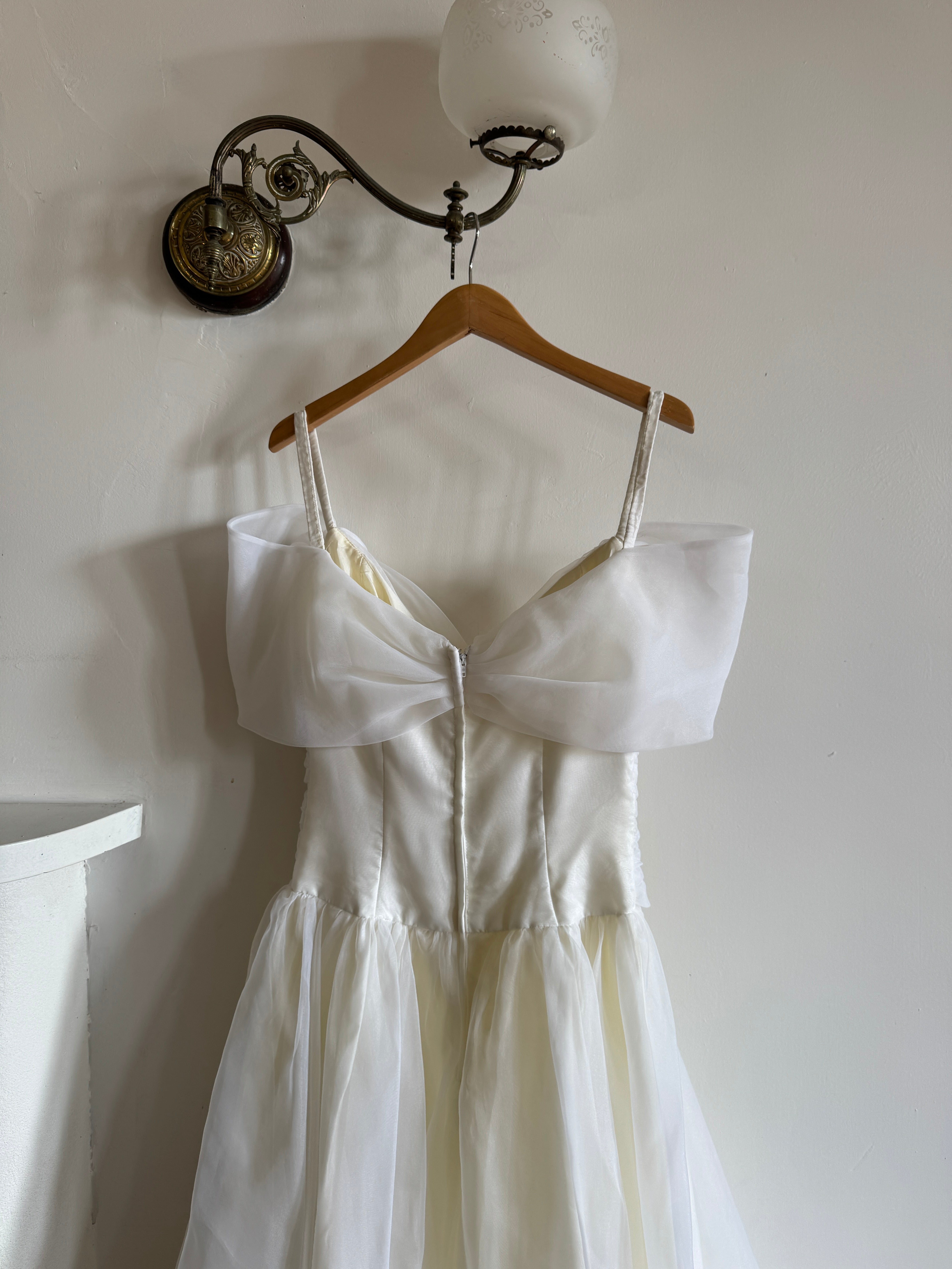 Vintage 80s Chiffon Rosette Off Shoulder Wedding Dress
