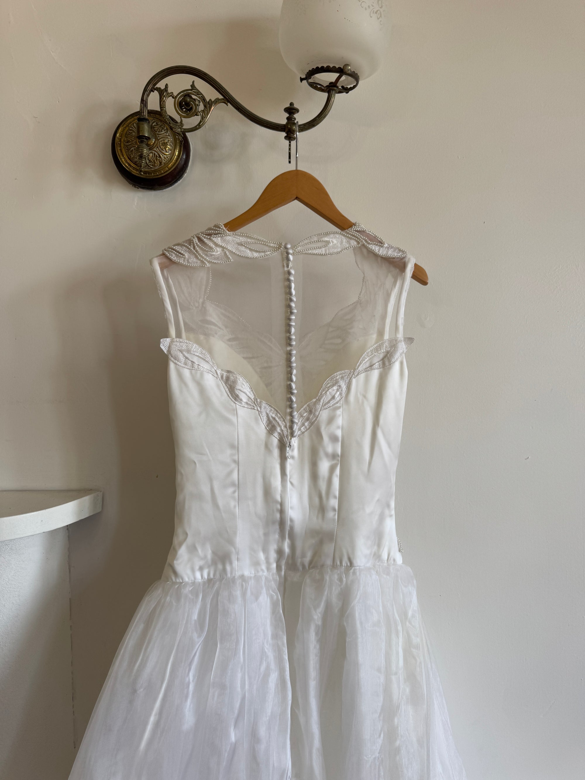 Vintage 80s Pearl Embellished Chiffon Princess Wedding Dress