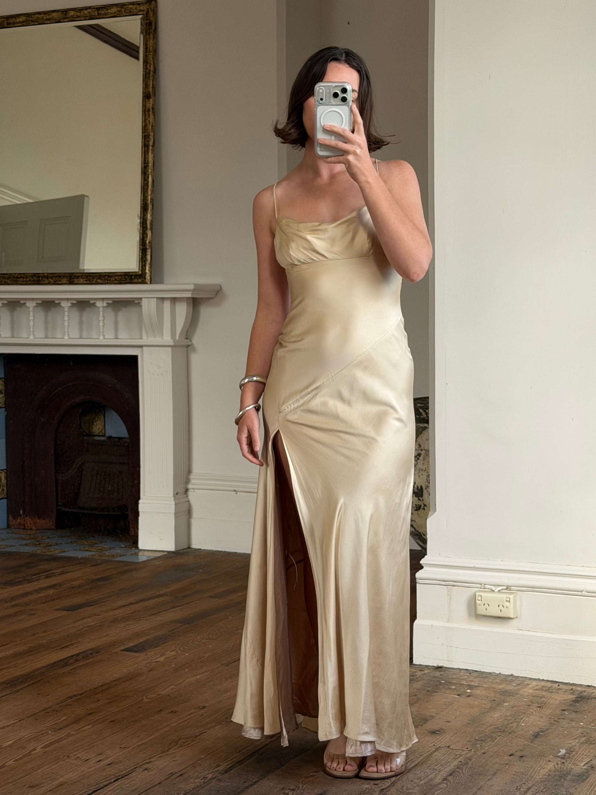 Vintage 90s Pure Silk Bias Cut Split Gown Champagne