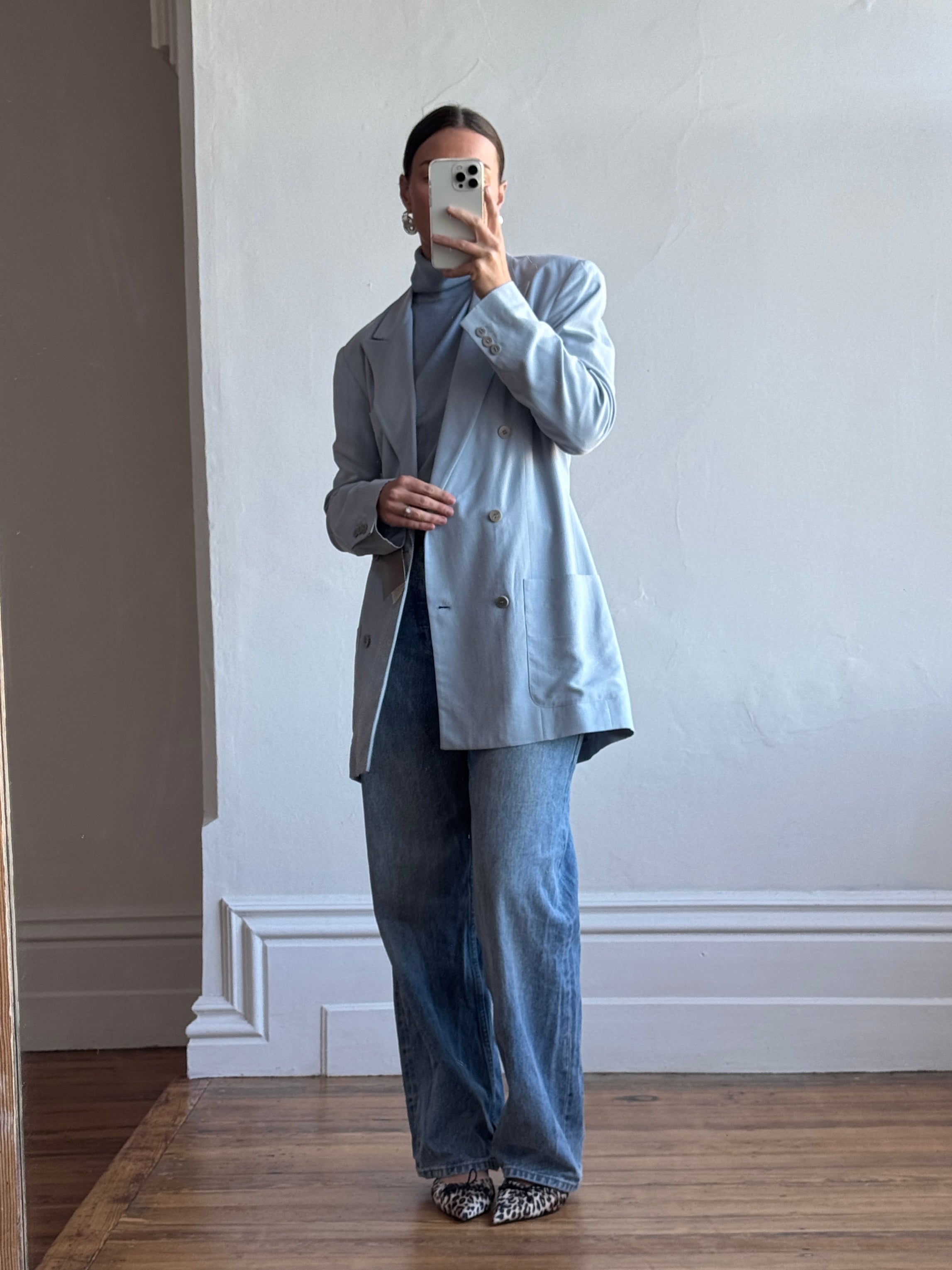 Vintage 90s Calvin Klein Pure Silk Double Breasted Blazer Dusty Blue