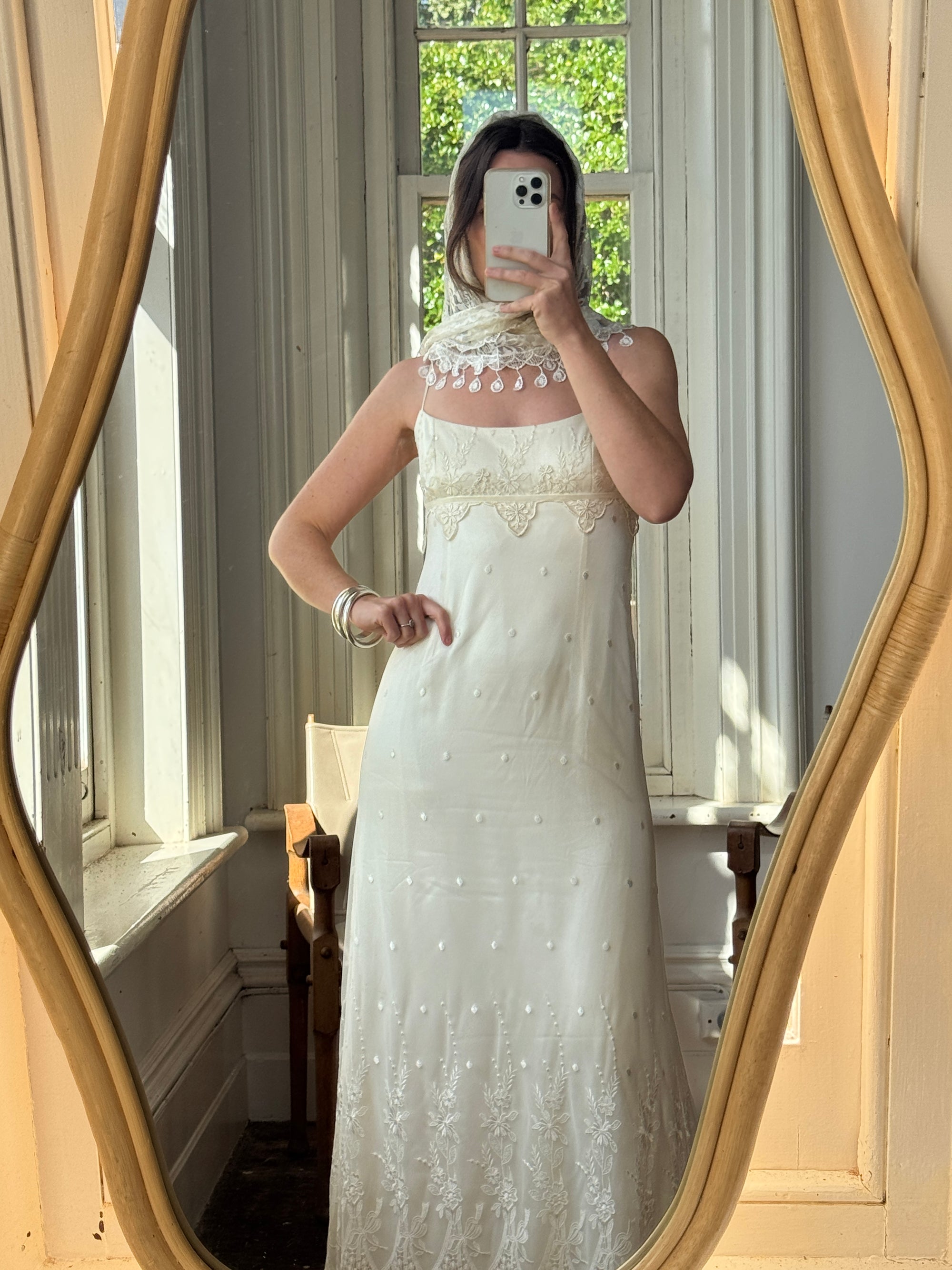 Vintage 90s Boho Lace Net Empire Wedding Dress