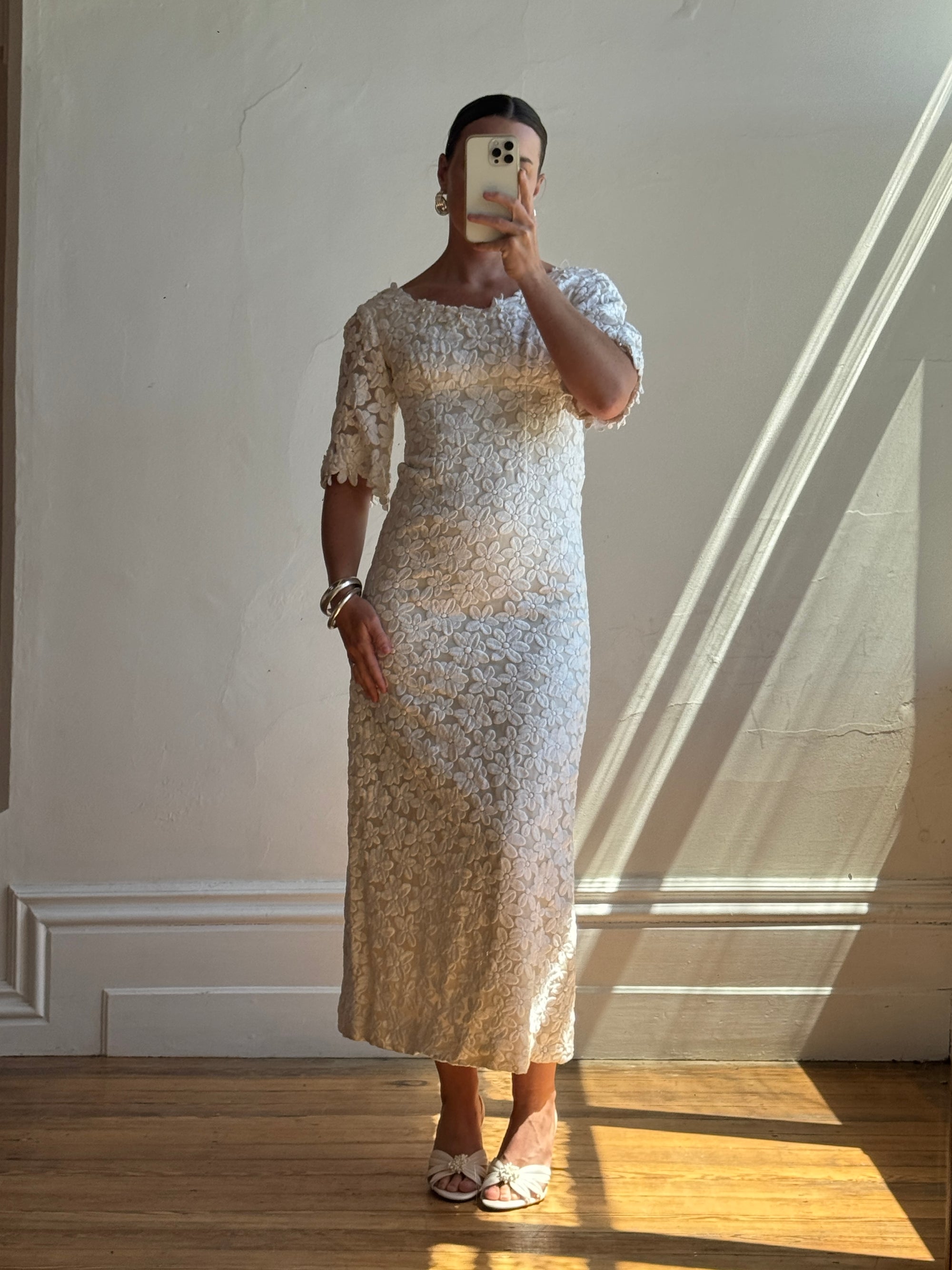 Vintage 60s Embroidered Floral Bridal Midi