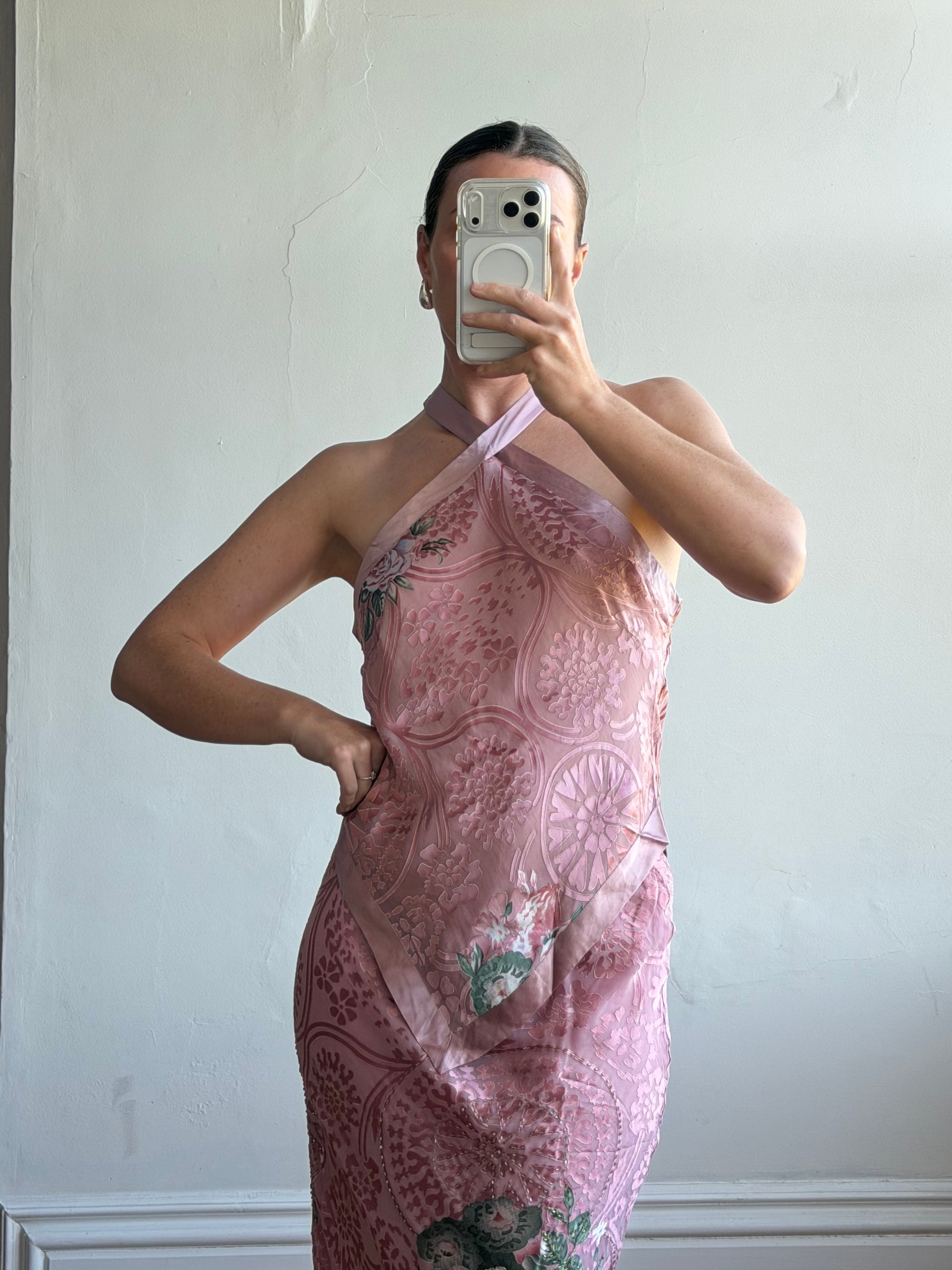 Vintage 90s Dusty Rose Floral Silk Halter Scarf Top and Skirt Set