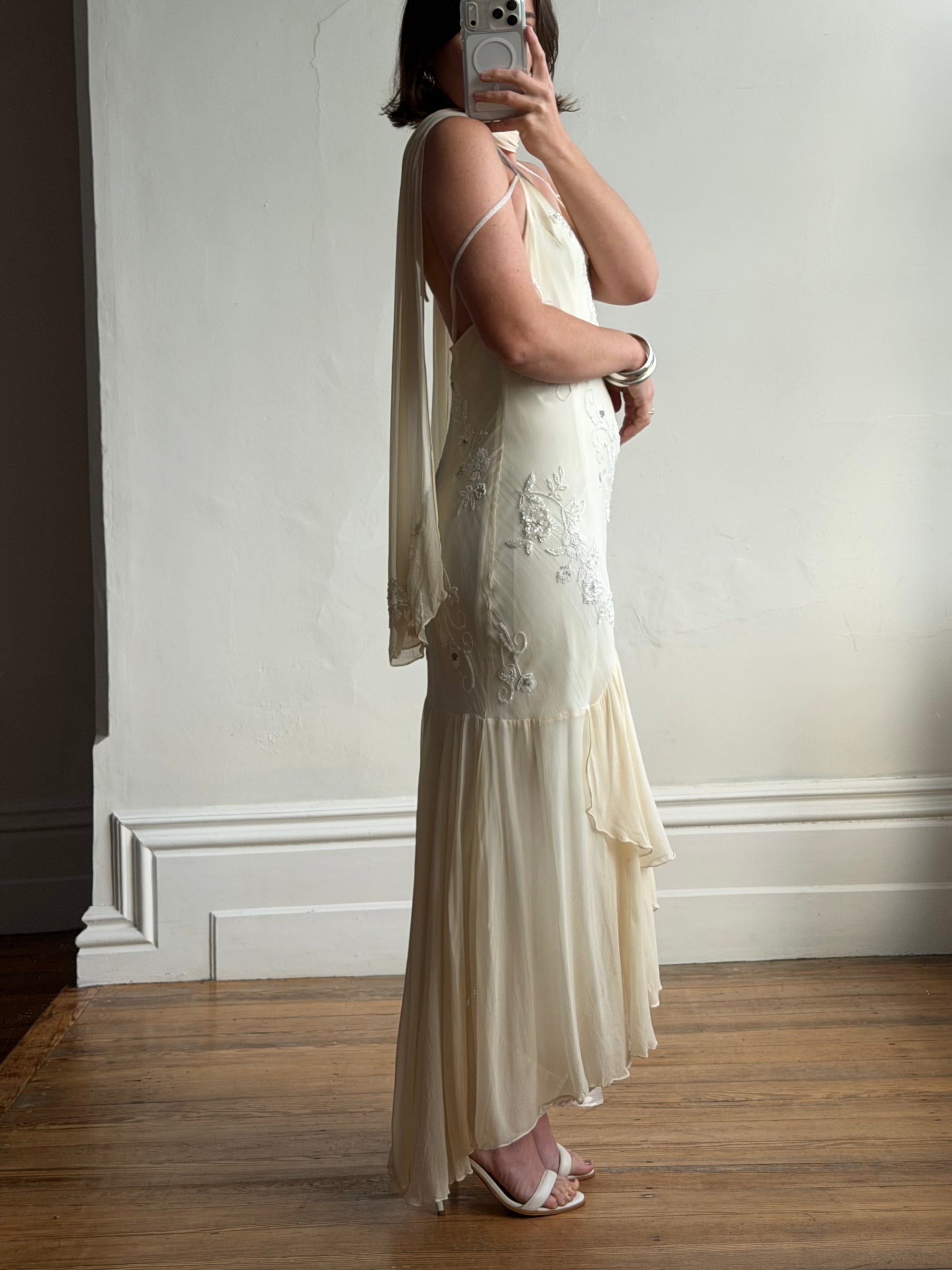 Vintage 90s Pure Silk Embellished Midi Dress With Scarf Creme