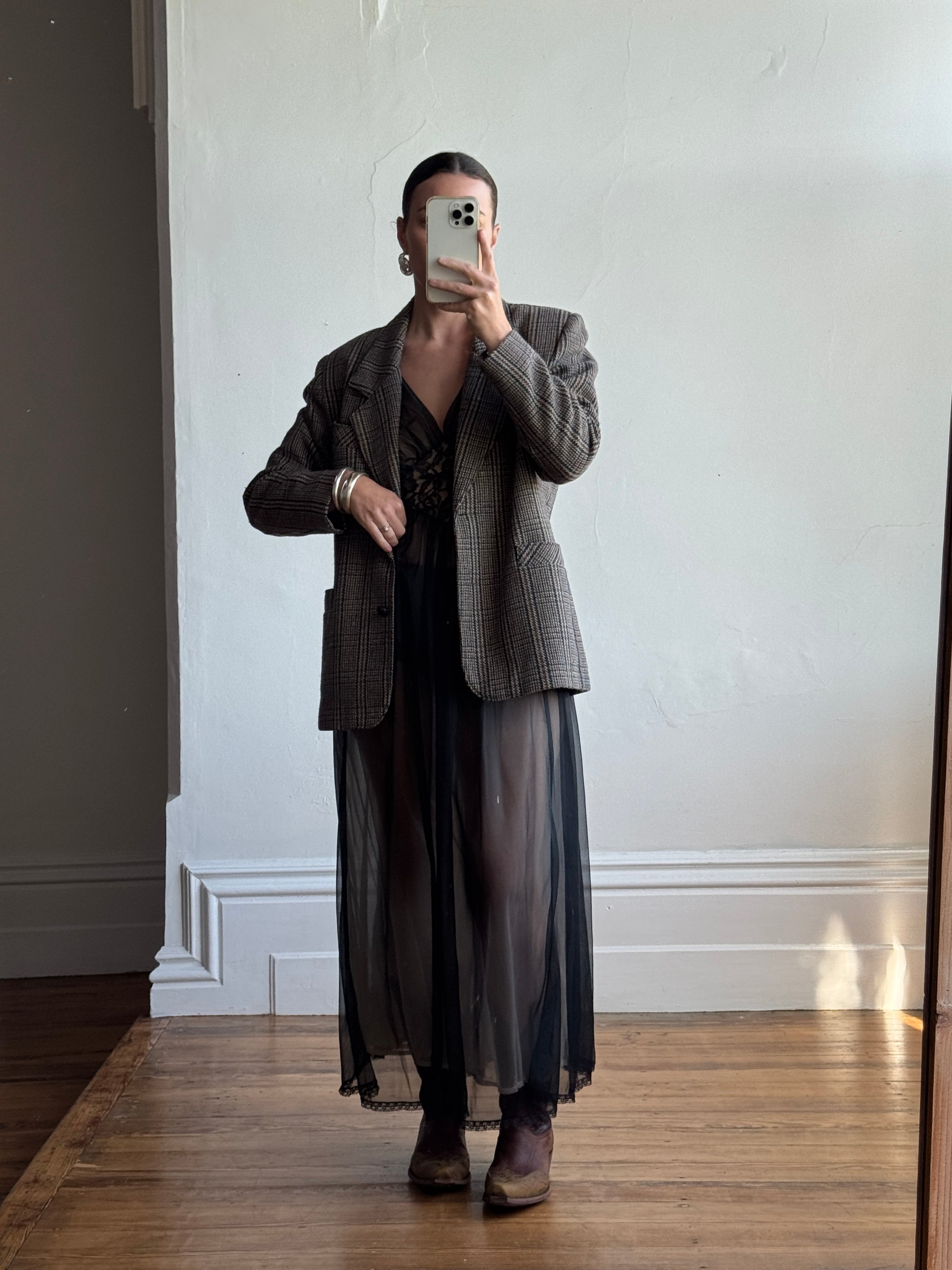 Vintage 60s Noir and Nude Chiffon V Slip Dress