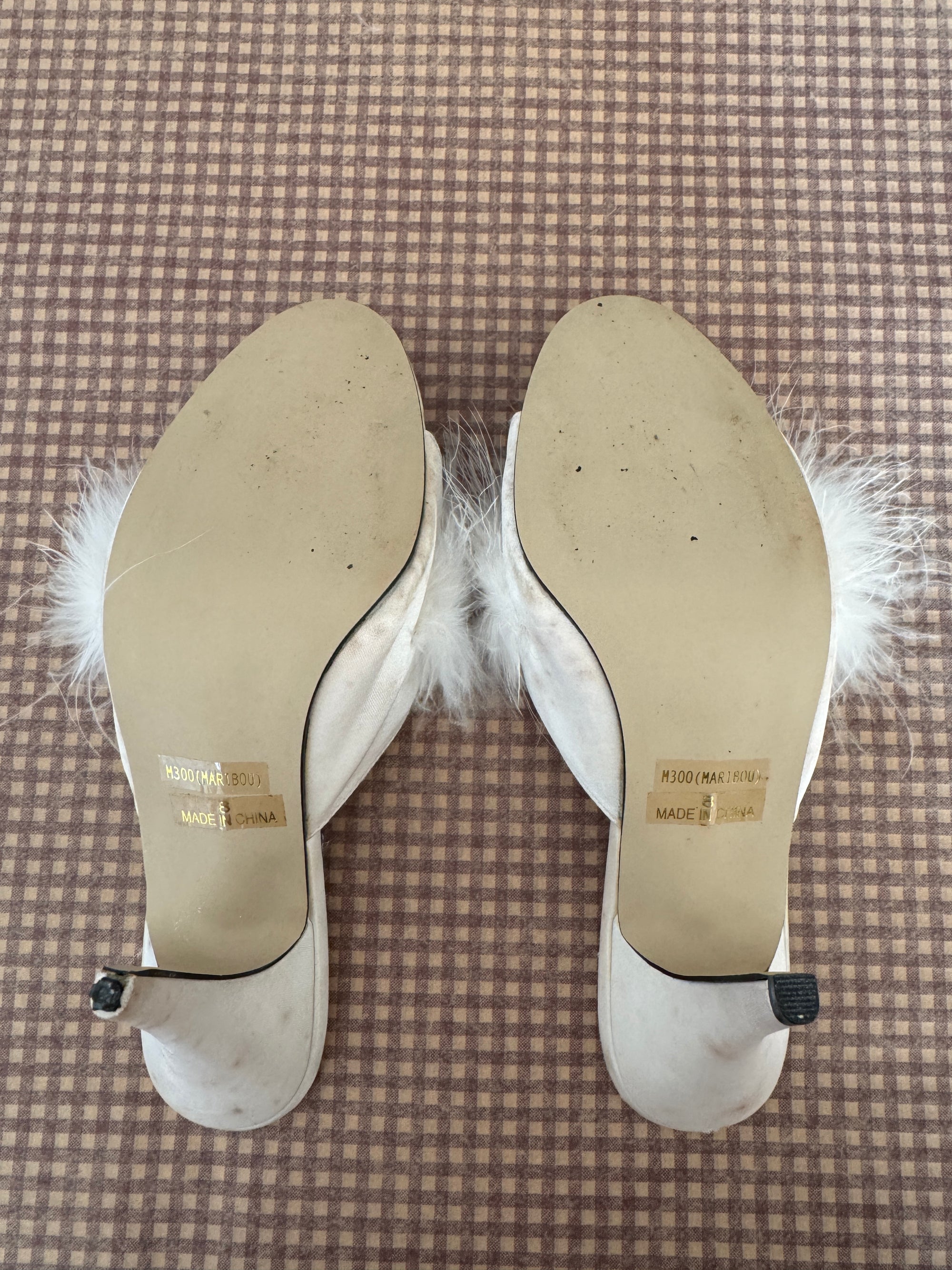 Vintage 70s Feathered White Satin Heels