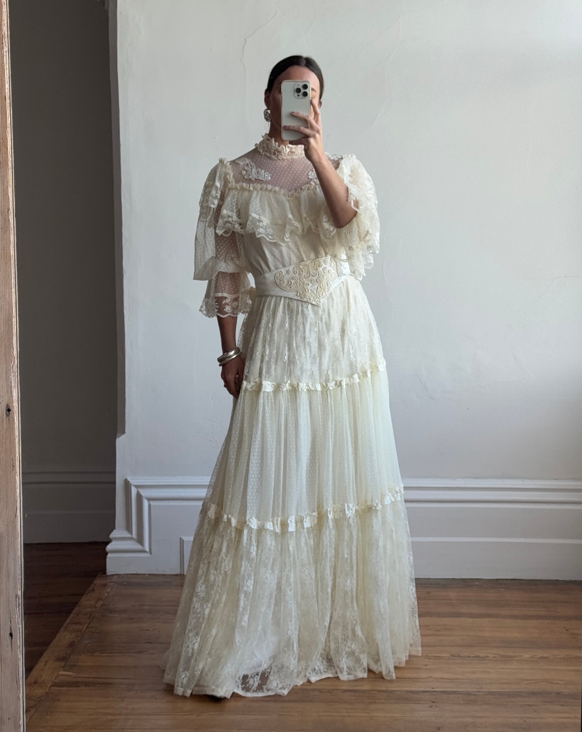 Vintage 70s Prairie Lace Wedding Gown with Beaded Basque Waist Belt