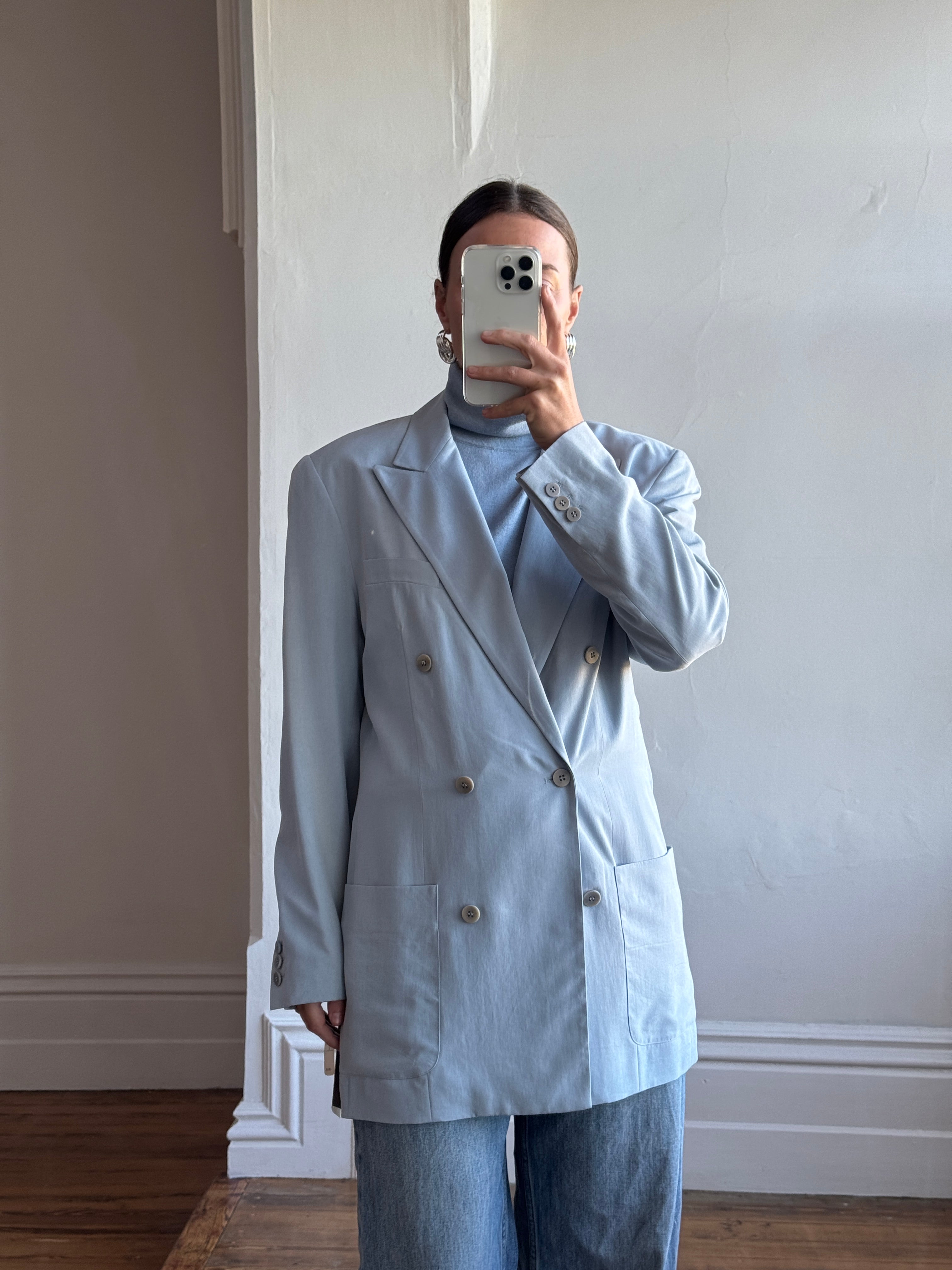 Vintage 90s Calvin Klein Pure Silk Double Breasted Blazer Dusty Blue