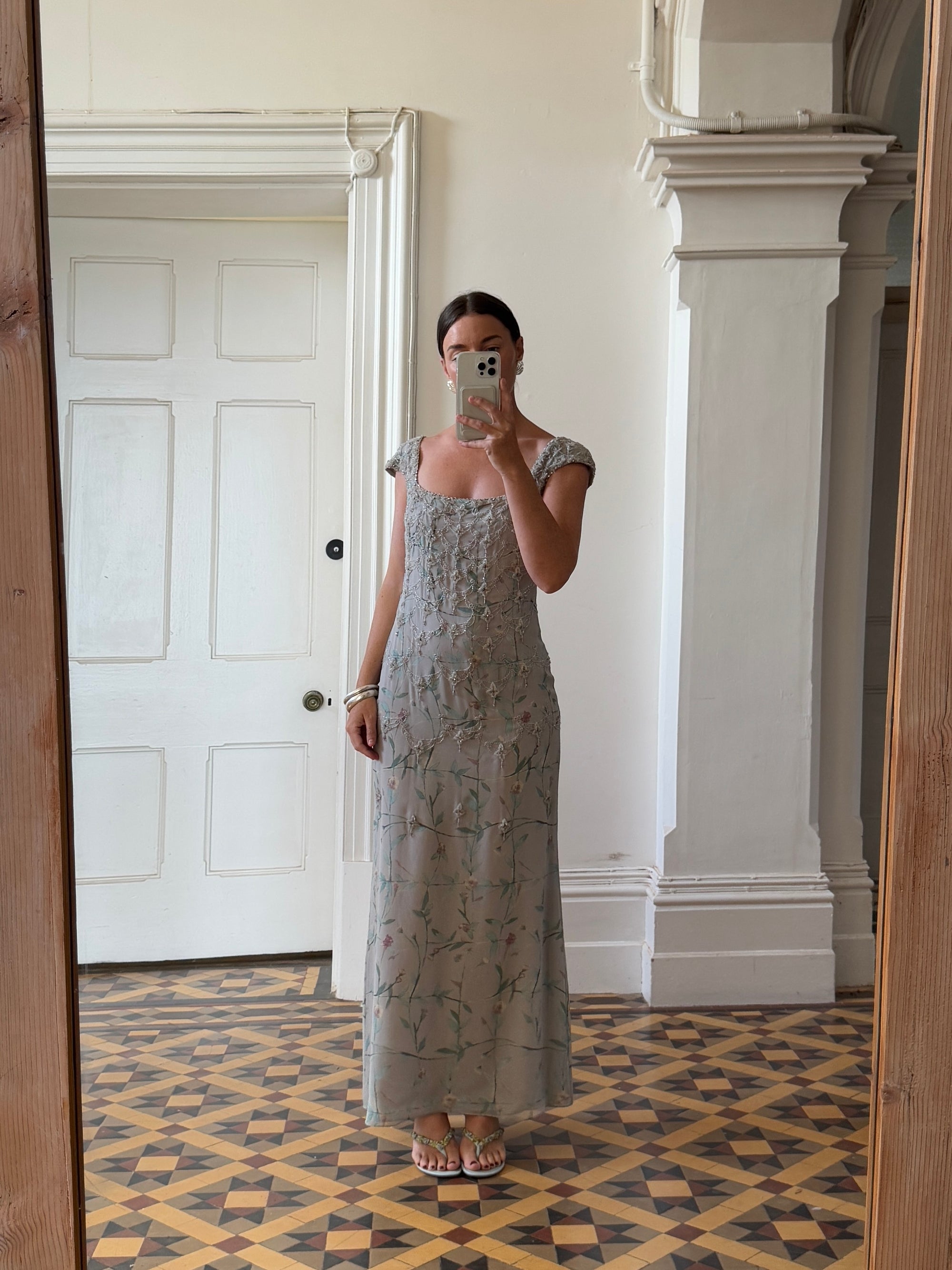 Vintage 90s Badgley Mischka Silver Pure Silk Embellished Gown