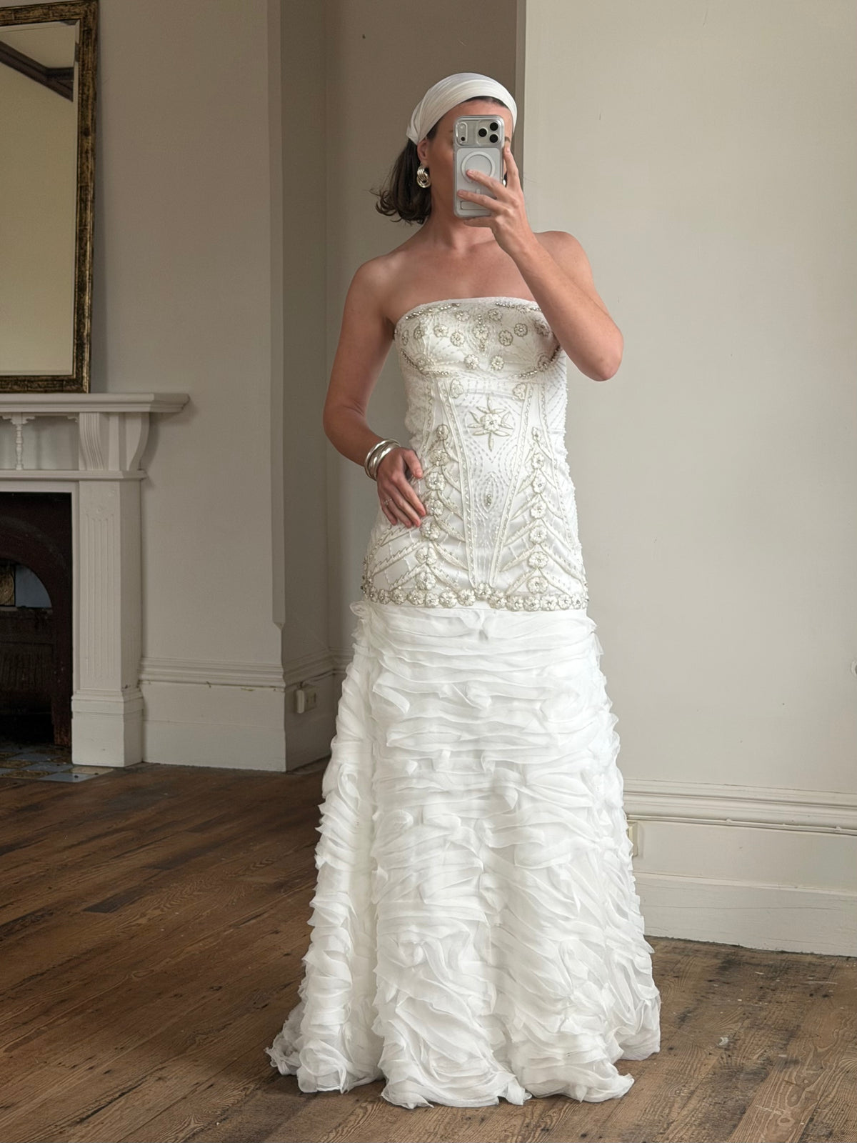 Vintage 90s Strapless Embellished Ruffled Wedding Gown