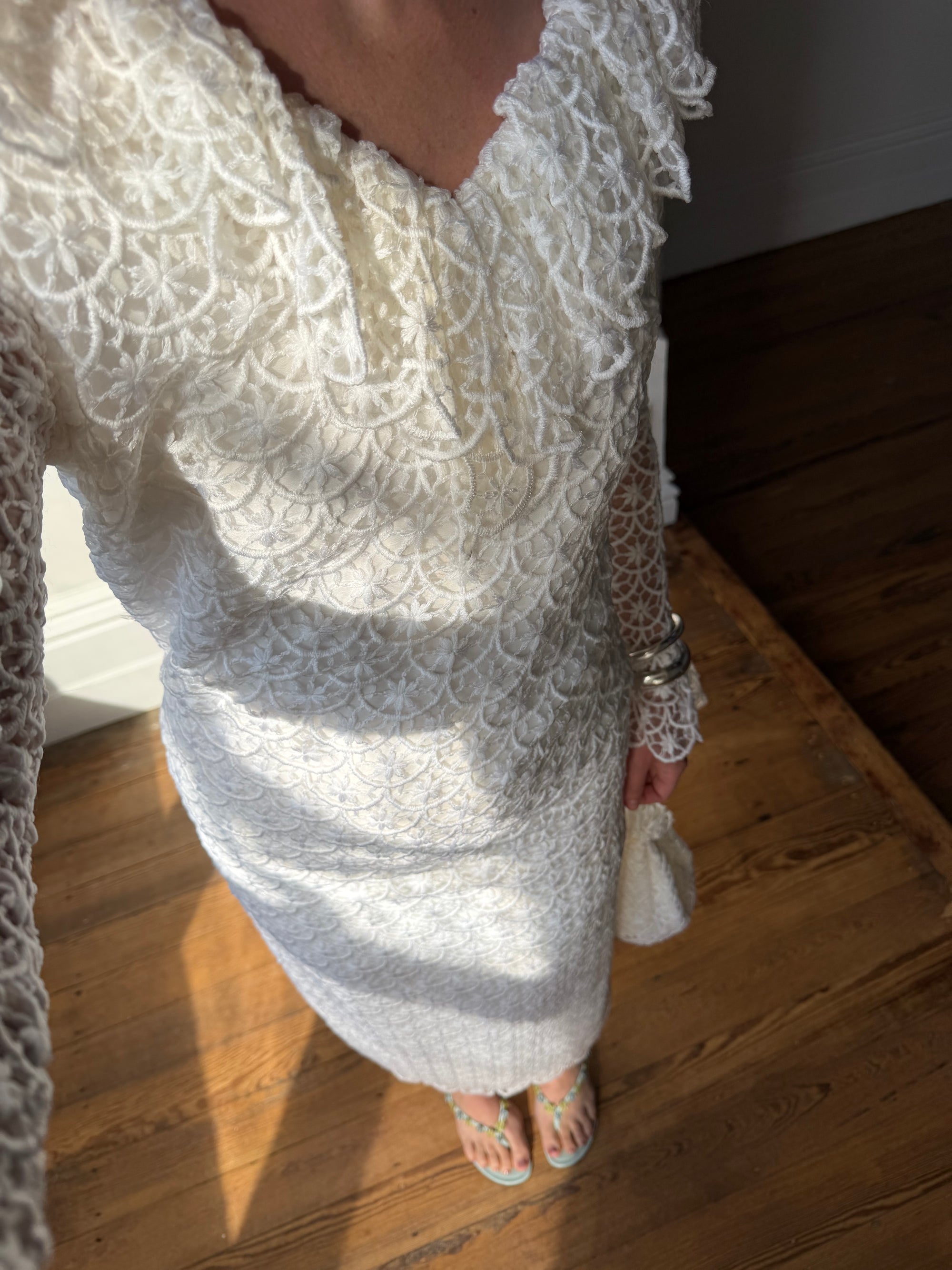 Vintage 90s Italian Crochet Column Frill Dress with Matching Bag
