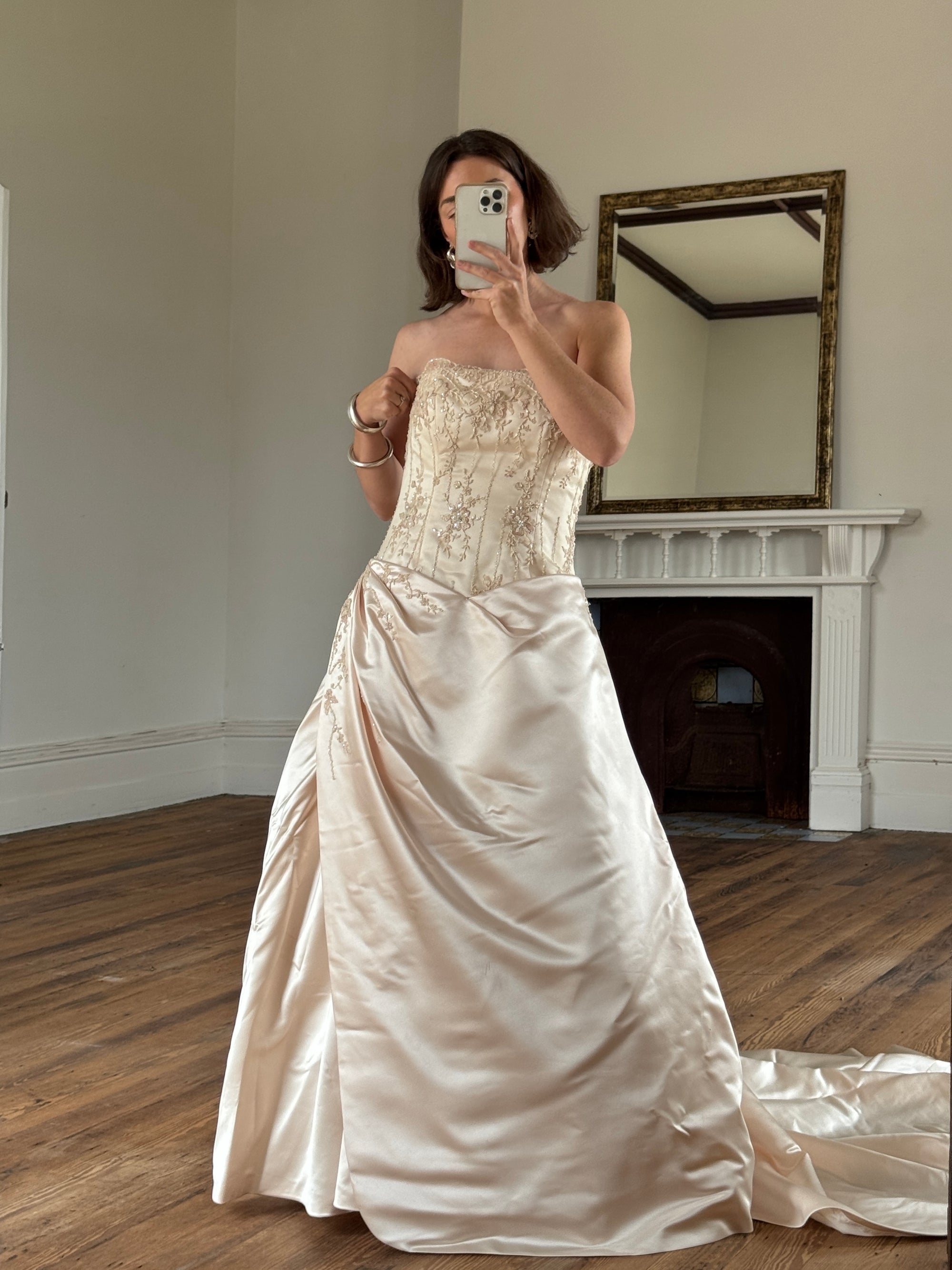 Vintage 90s Rose Crystal Encrusted Strapless Wedding Gown