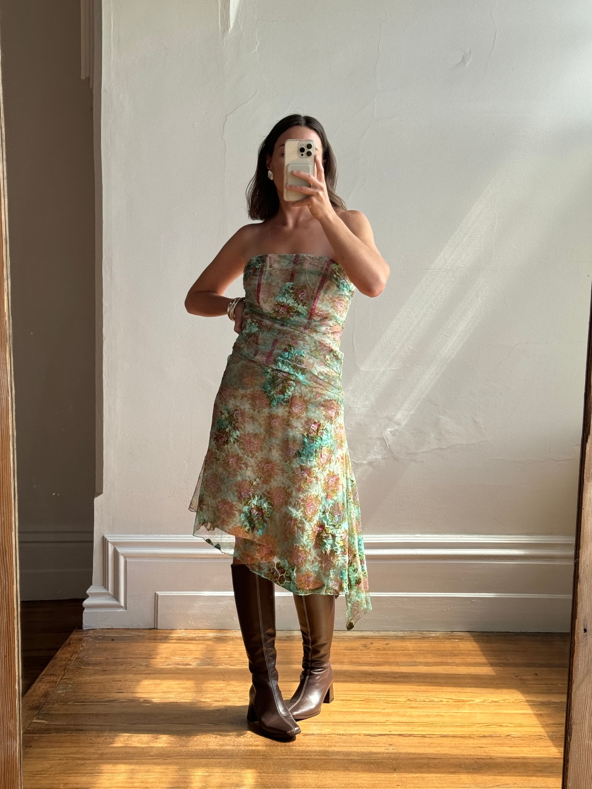 Vintage Y2K Teal Mesh Tapestry Corset Dress